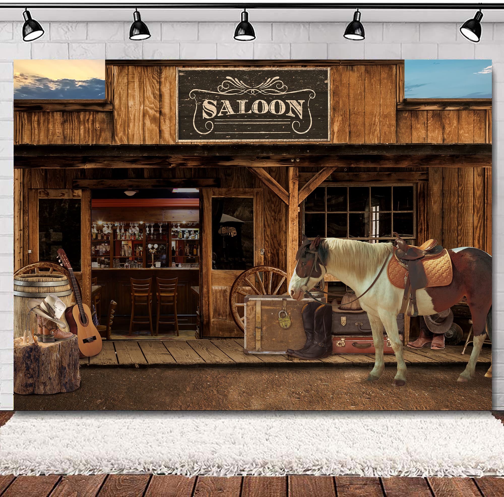 Svbright Western Cowboy Backdrop 7Wx5H Old Wild West Stable Saloon Horse Wooden Barn Wheel Vintage Retro Bar Farm Country For Ki