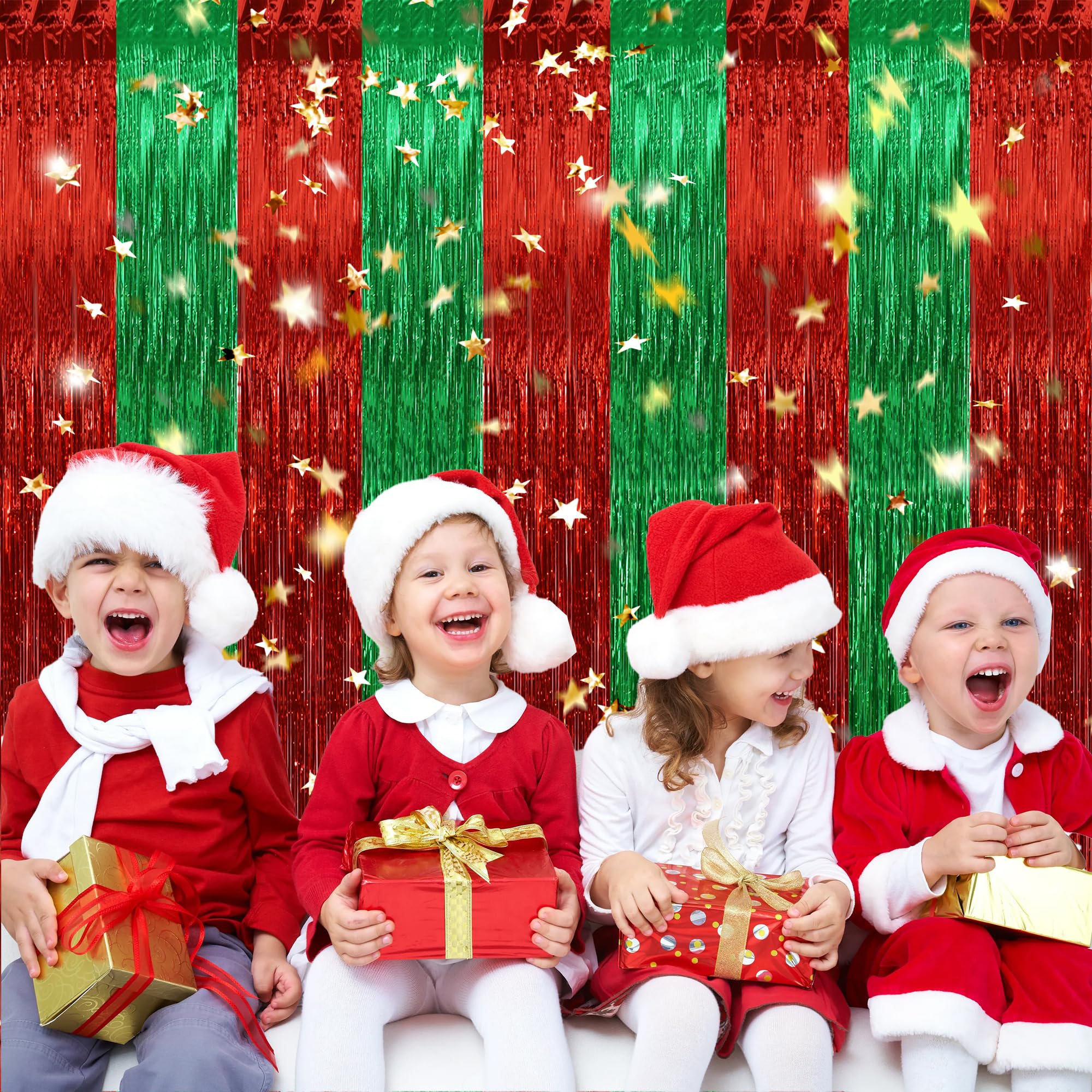 Beishida 3Pcs Red Green Door Streamer Christmas Day Backdrop Foil Fringe Tinsel Merry Christmas Curtains Backdrops For Christmas