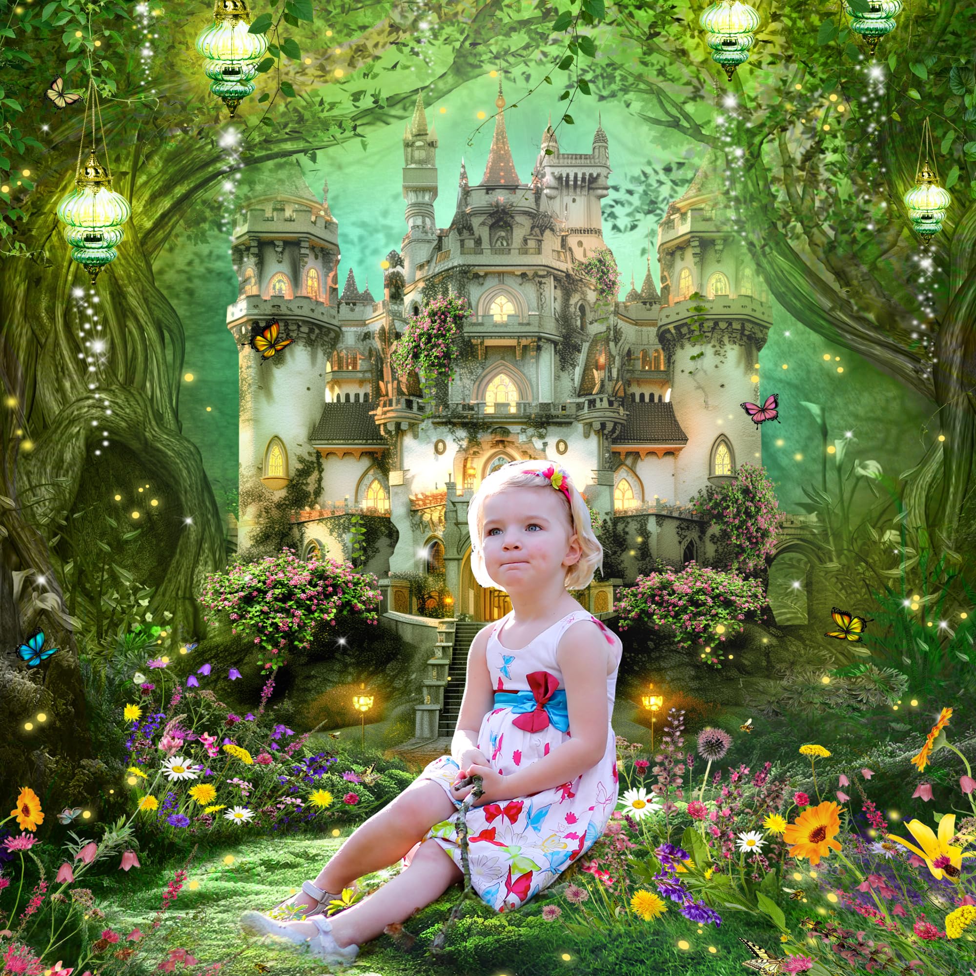 Riyidecor Enchanted Fairy Castle Backdrop Polyester Fabric Greenery Woodland Tale Wonderland Garden 5Wx7H Feet Wildflower Floral