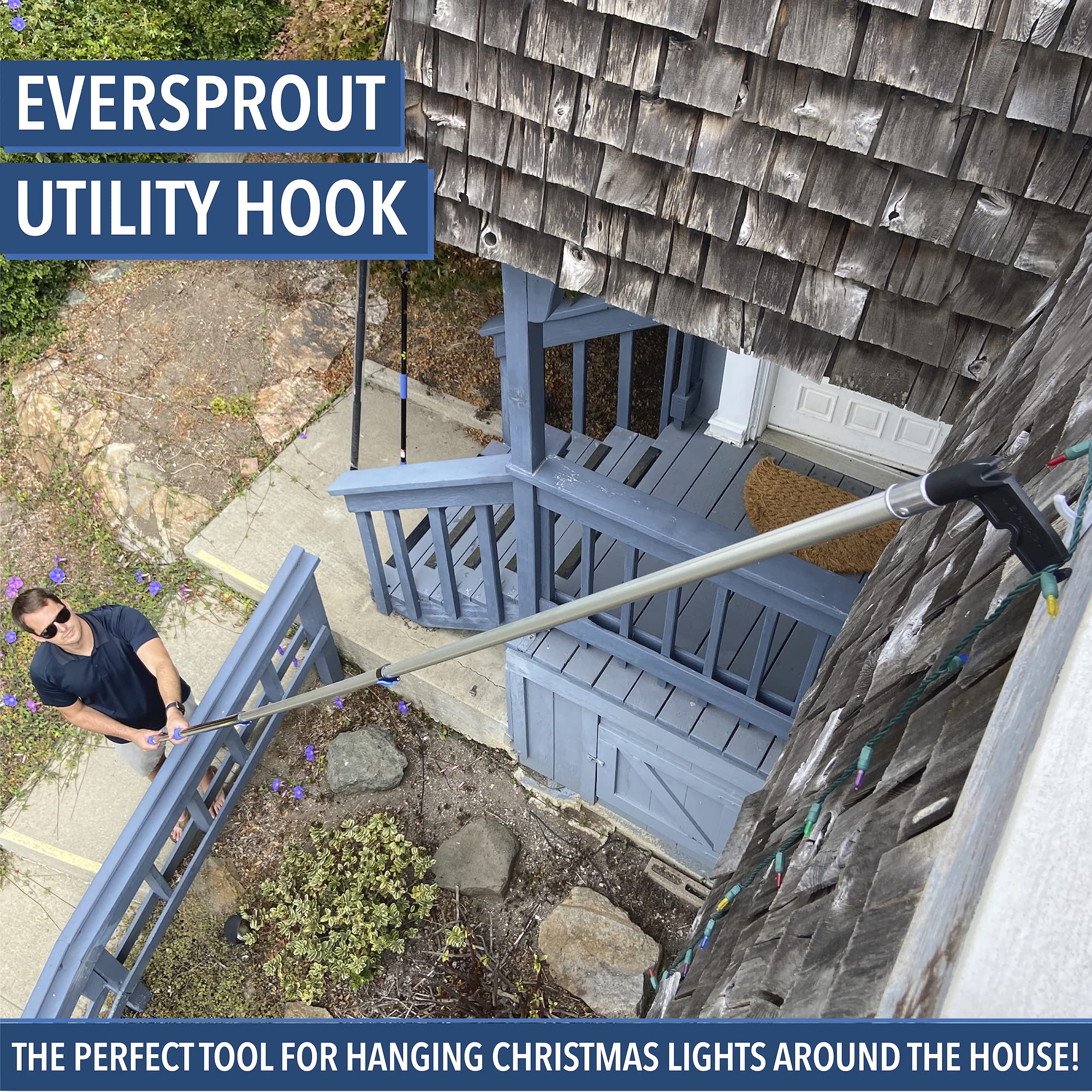 Eversprout 7 To 24 Foot Utility Hook With Extension Pole (30 Foot Reach) | Installing And Hanging Christmas/String Lights, Birdf