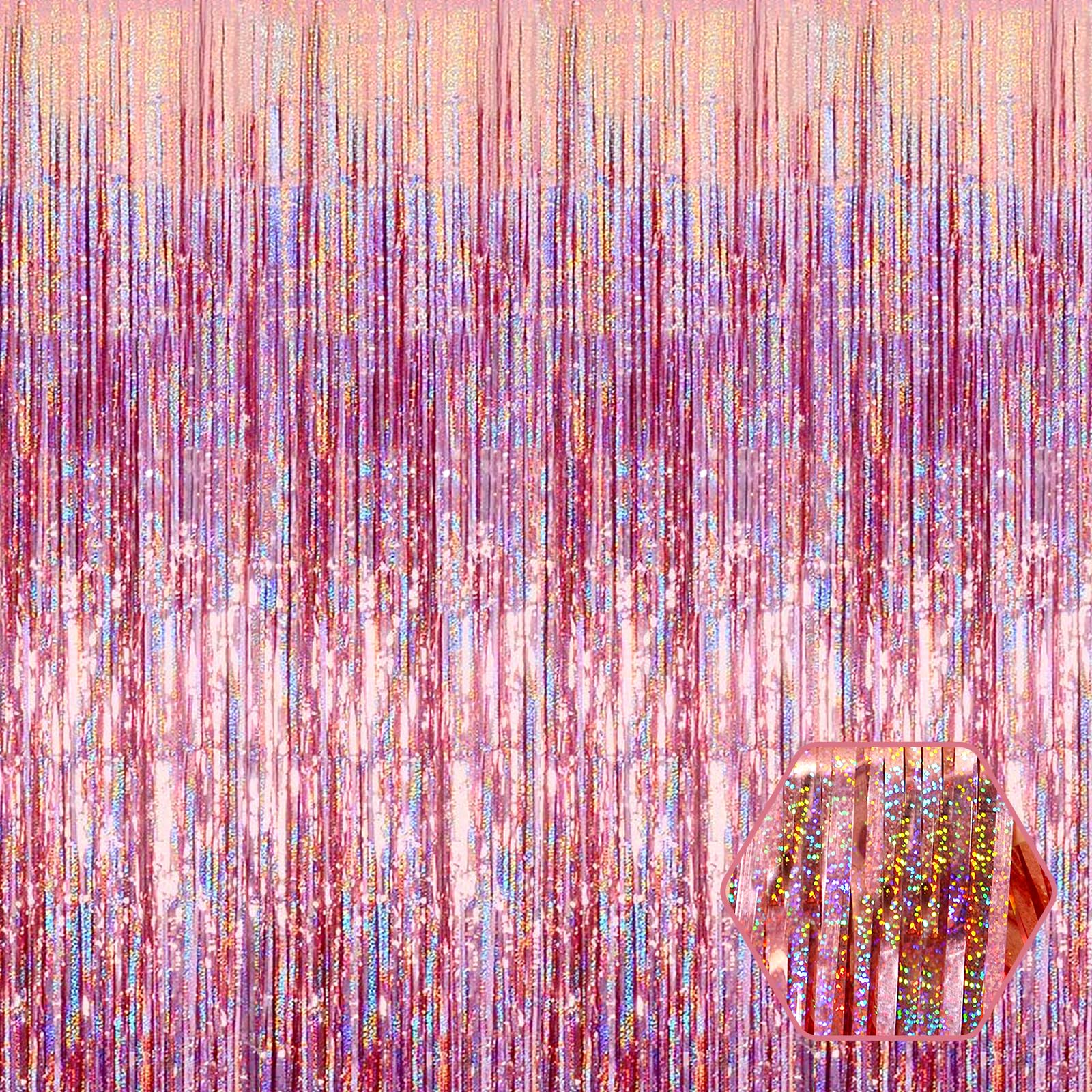 3 Pack Rose Gold Foil Fringe Curtain Backdrop, 3.28Ft X 8.2Ft Metallic Tinsel Foil Fringe Streamer Curtains For Photo Booth, Val