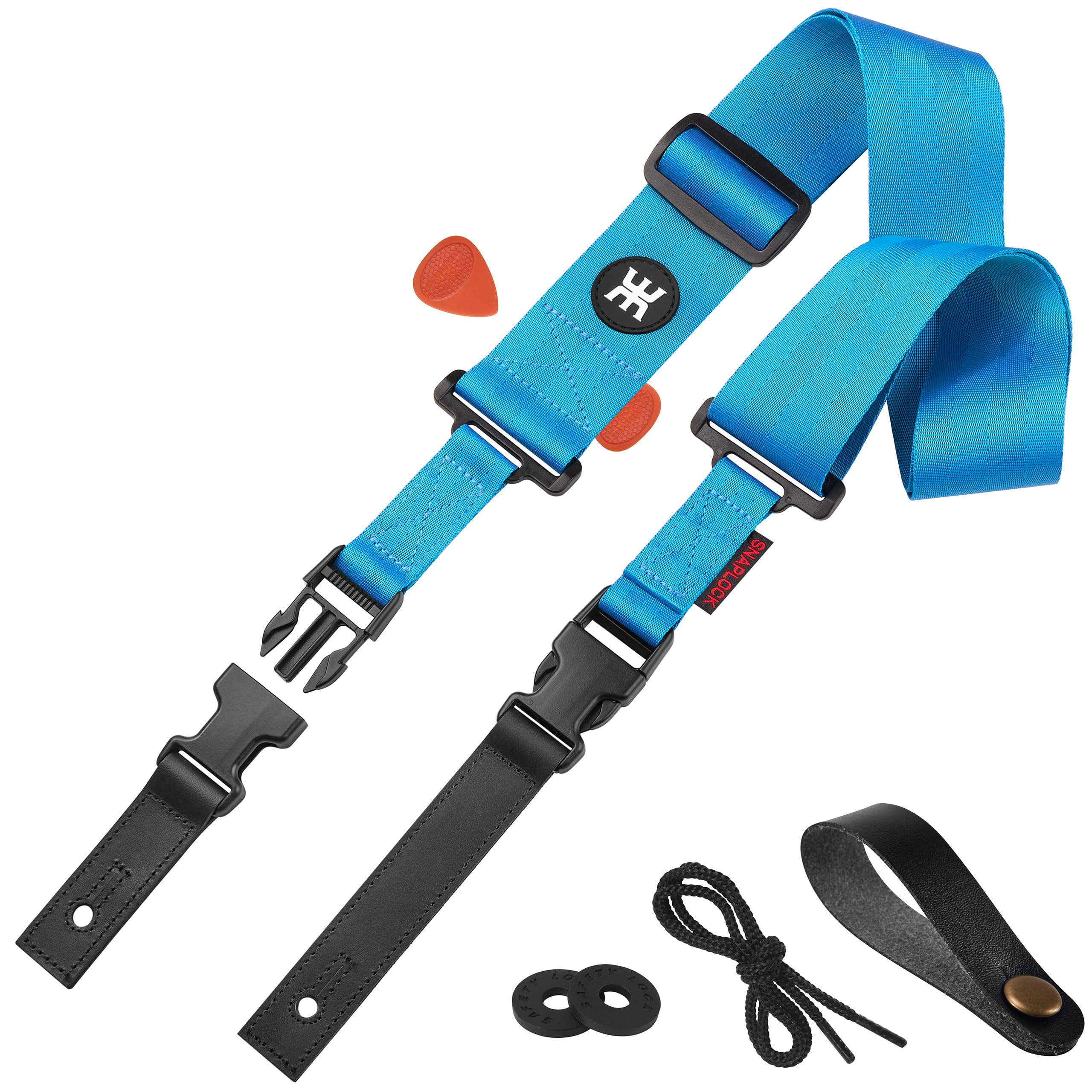 Amumu SNAPLOCK Guitar Strap with Clip - Miami Blue Nylon for Acoustic, Electric & Bass Guitar - 2 Wide