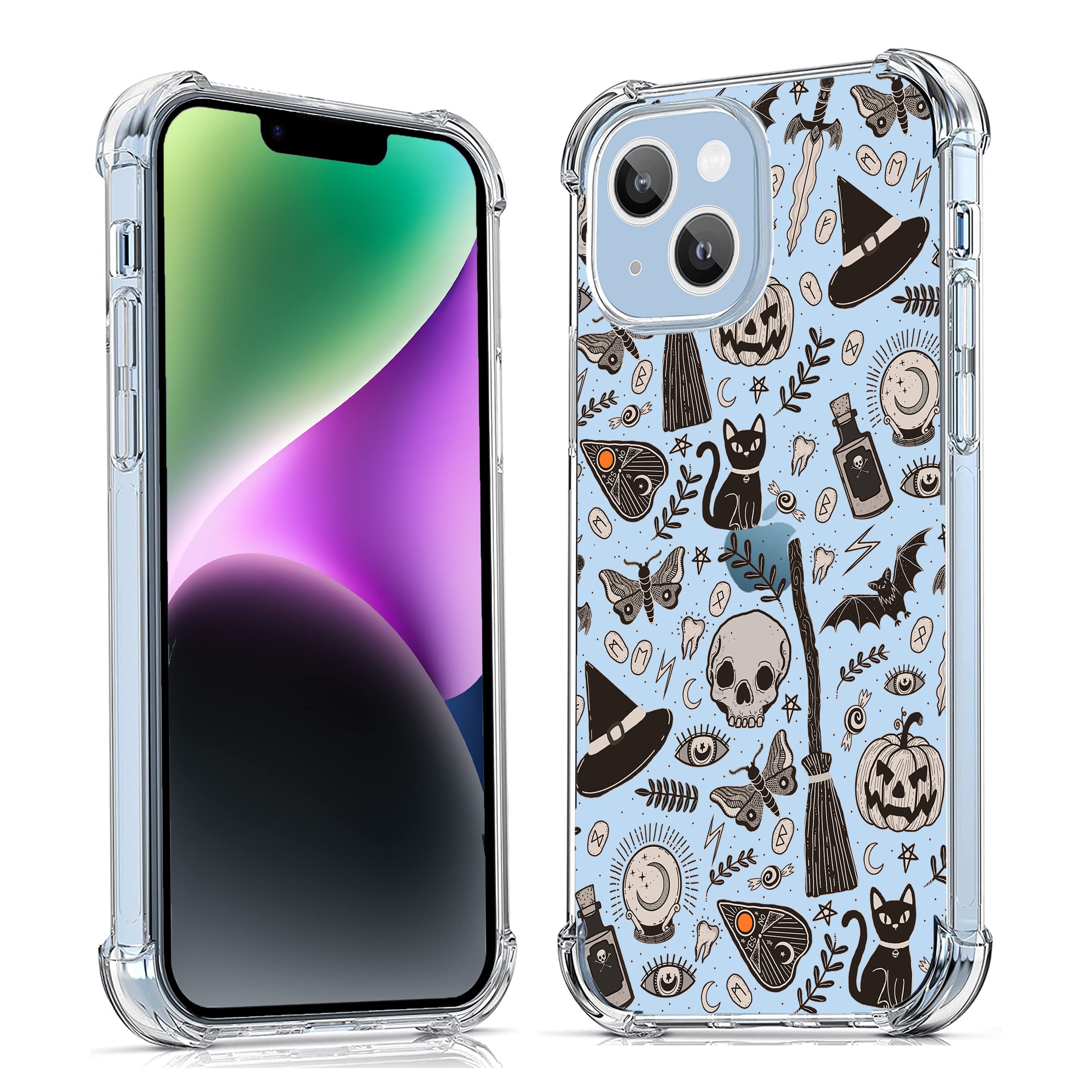 Vesidurt Black Halloween Clear Case For Iphone 14,Pumpkin Skull Bat Pattern For Men Women,Trendy Transparent Soft Tpu Bumper Cas
