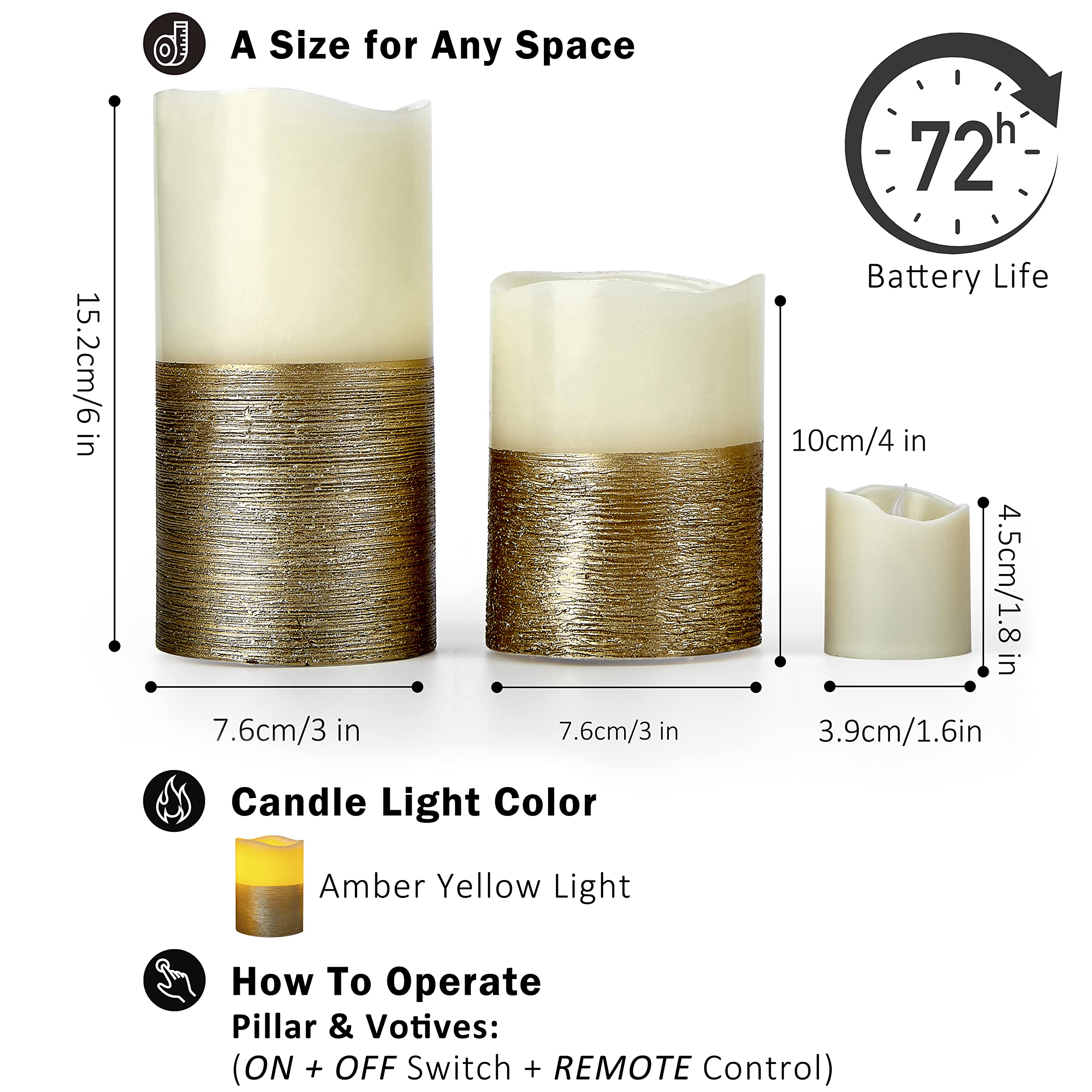 Furora Lighting Gold Real Wax Trim Candles With Remote And Timer, Pack Of 8 Pillar & Votive Candles, Led Flameless Flickering Ca