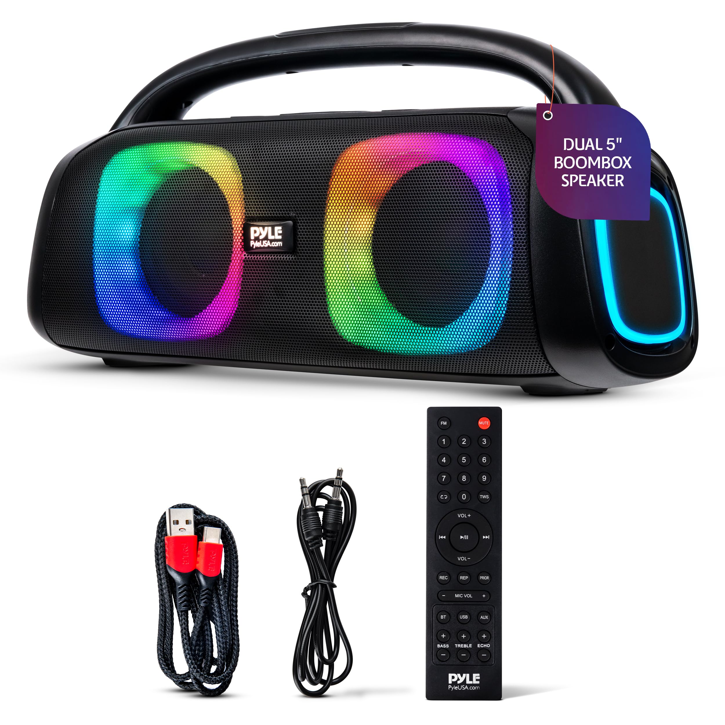 Pyle 160W Dual 5-Inch Bluetooth Boombox Speaker with True Wireless Stereo - Deep Bass, Crisp Treble, LED Display, Built-in Recha