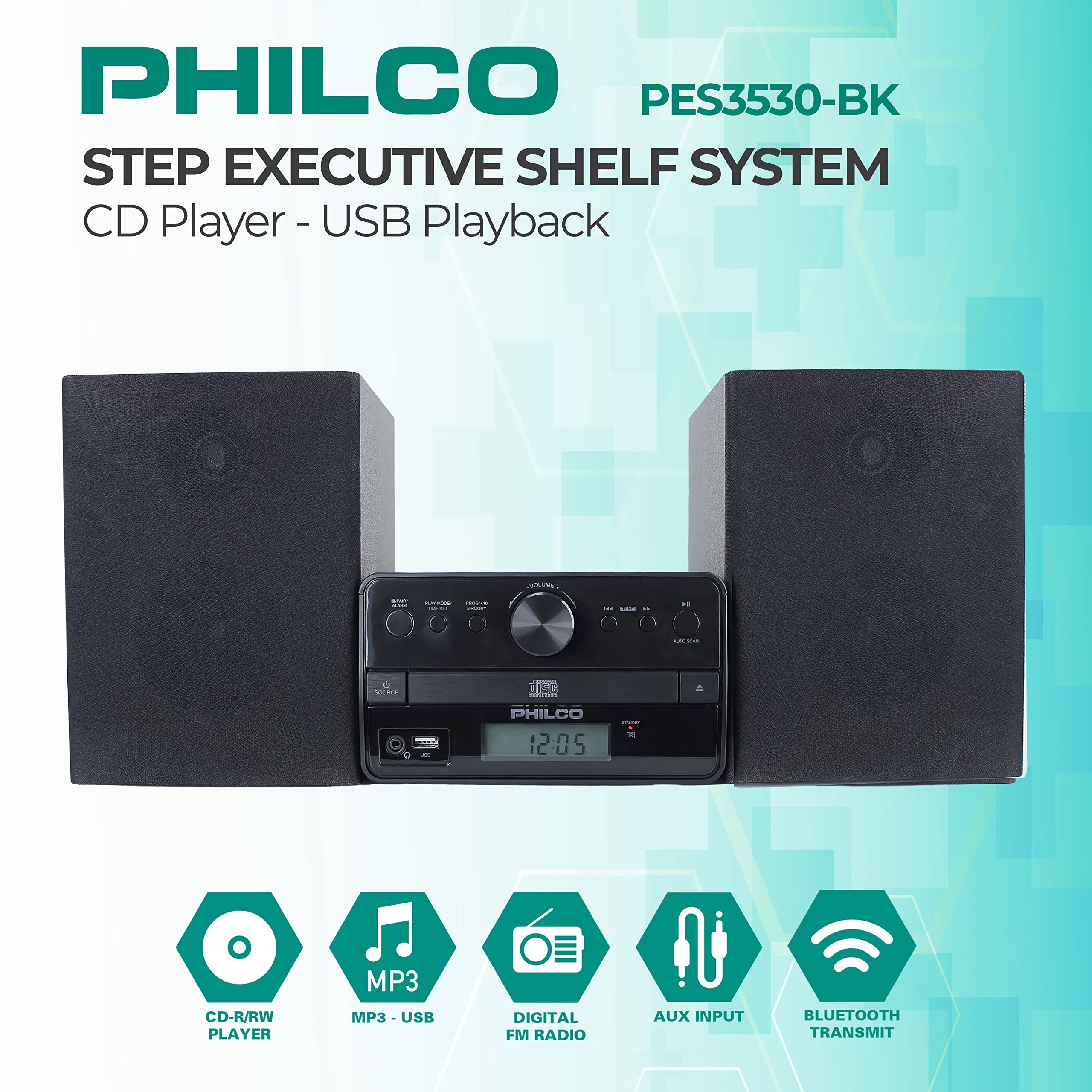 Philco Stereo Shelf Systems Tray Loading Cd Player With Digital Fm Radio, Bluetooth Streaming, Remote Control In Black | Lcd Dis