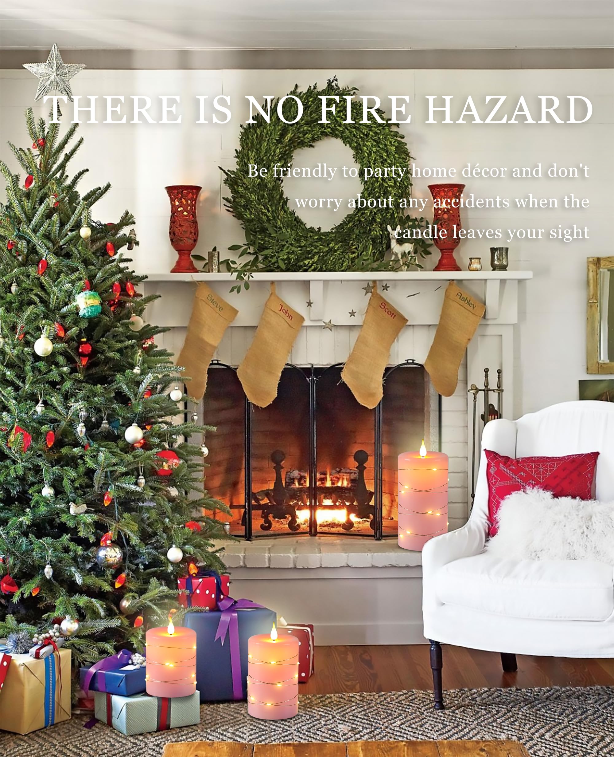 Fanzir Pink Flameless Candles With String Lights Battery Operated Flickering Led Pillar Candles 4? 5? 6? Candle With Remote Cont