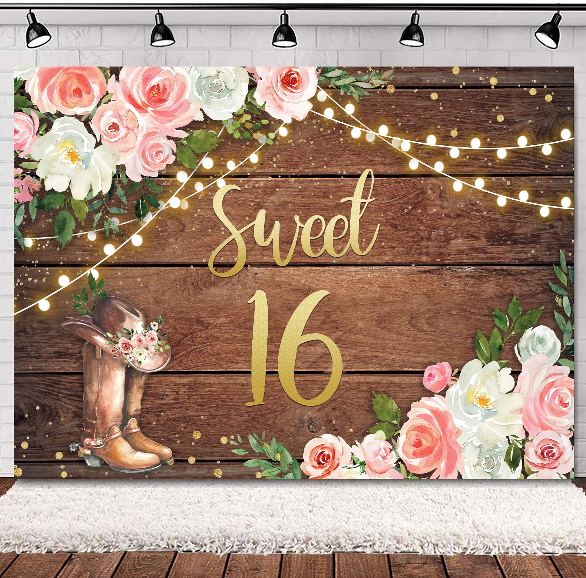 Svbright Sweet 16 Backdrop 7Wx5H Western Cowgirl Happy Birthday Rustic Country Wood Plank Pink White Floral Flower Rose Retro Bo