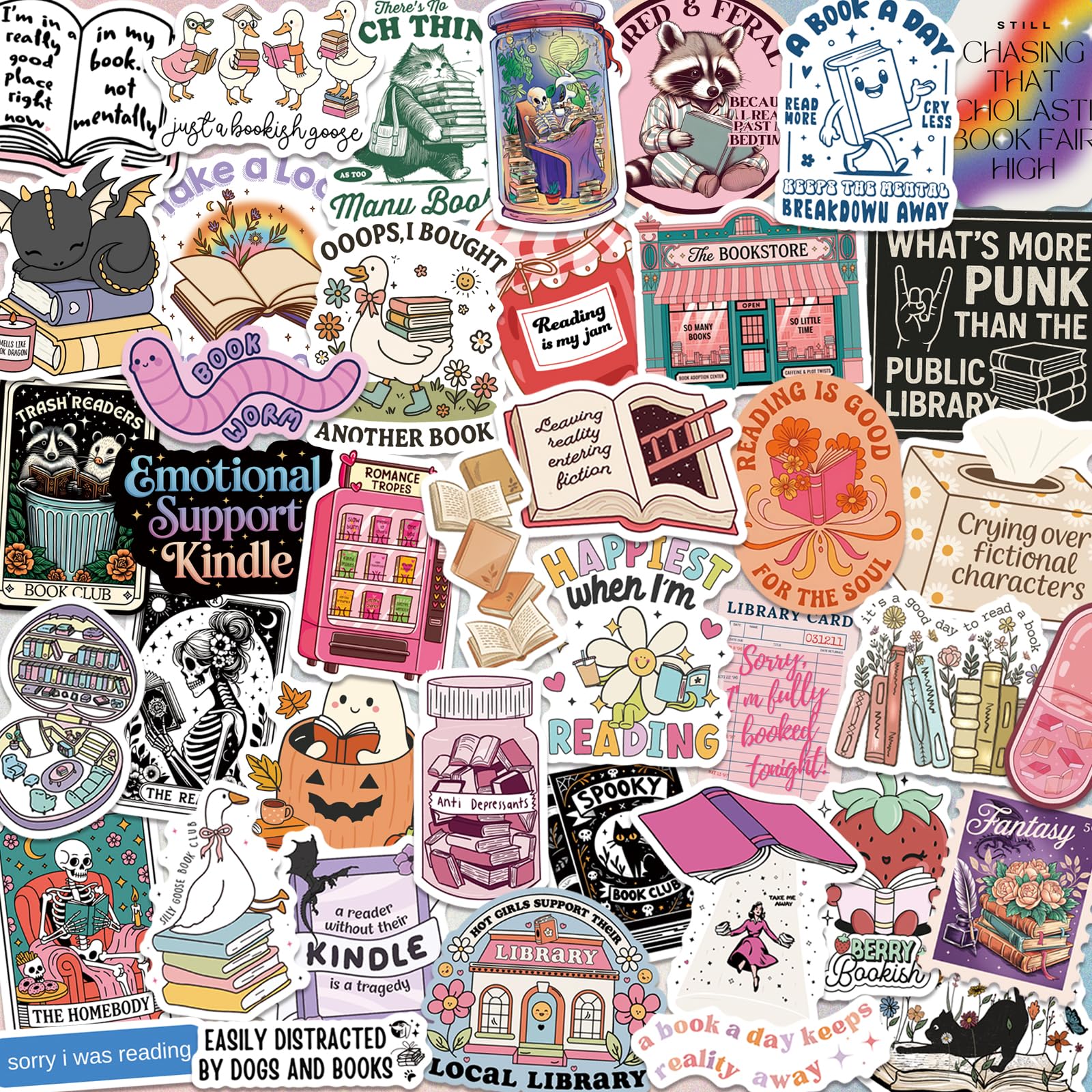 300 PCS Book Stickers for Kindle, Bookish Sticker Pack Reading Glitter Waterproof Vinyl Decals for Laptop, Ebook Readers, Water 
