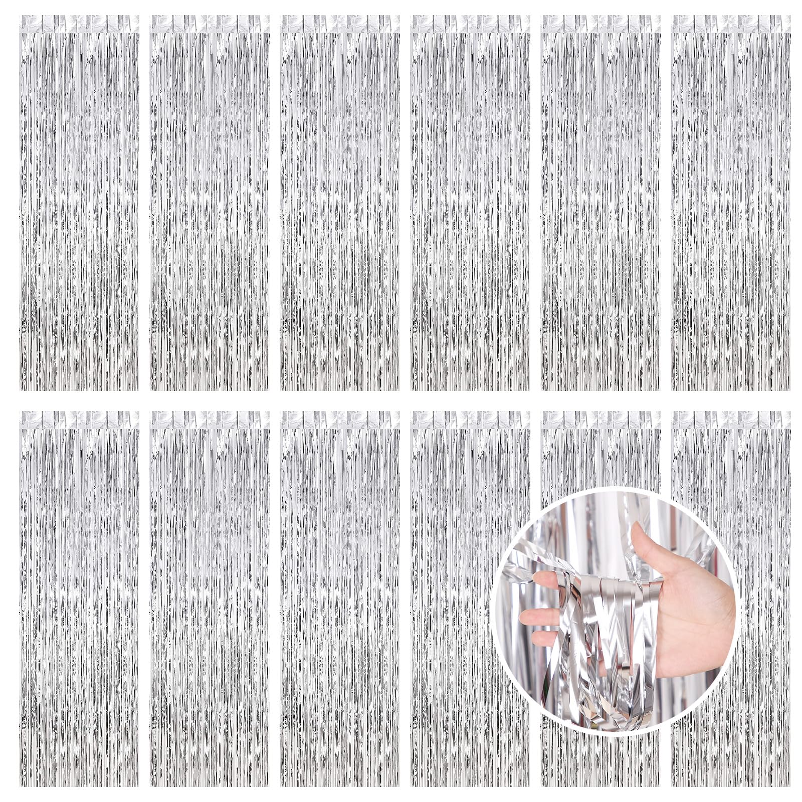 Silver Fringe Curtain Party Streamers, 12 Pack 3.3Ft X 8.2Ft Foil Curtain Backdrop Tinsel Foil Fringe Curtains Photo Booth Backd