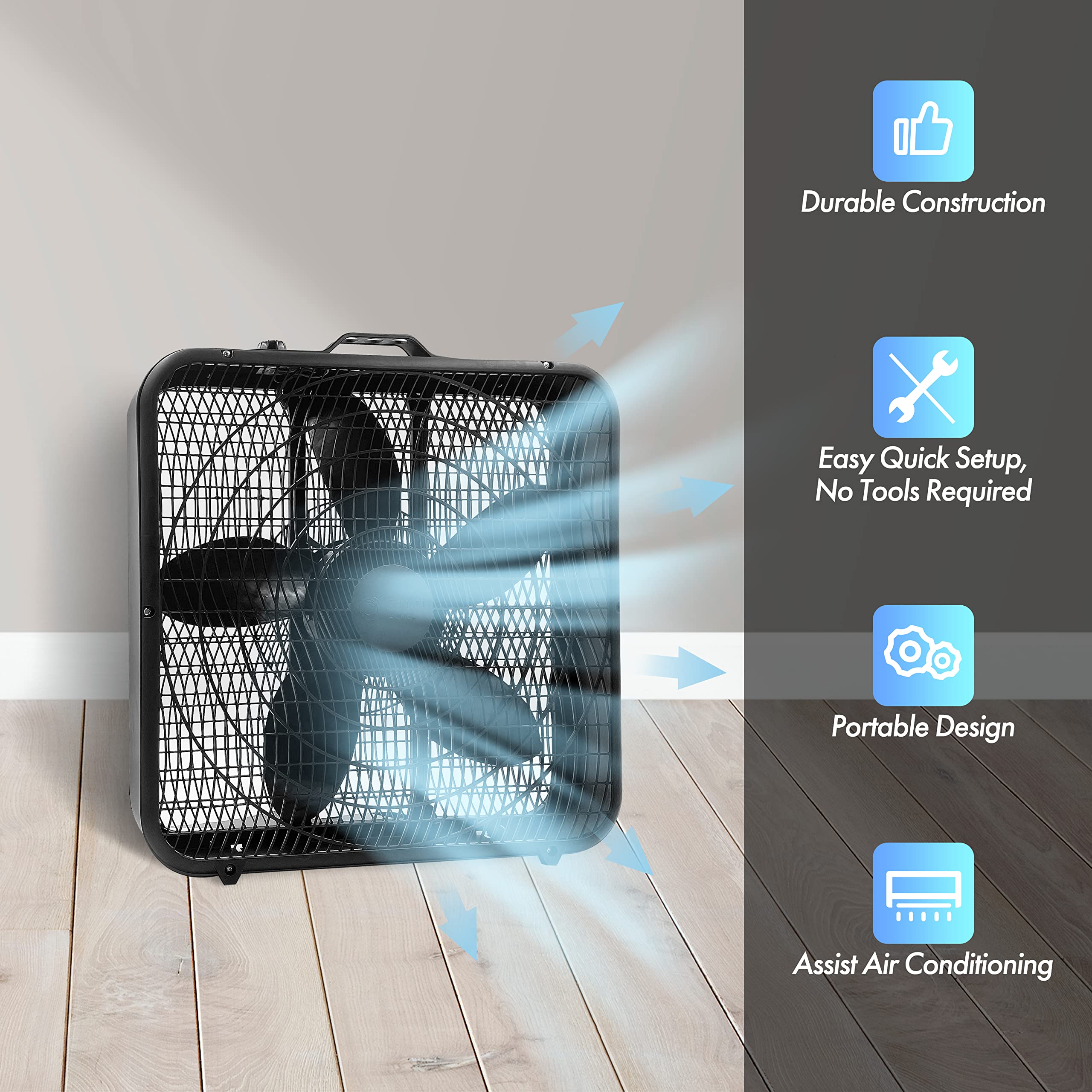 Comfort Zone Box Fan With Carry Handle, 20 Inch, 3 Speed Full Force Air Circulation With Air Conditioner, Floor Fan, Bedroom Fan