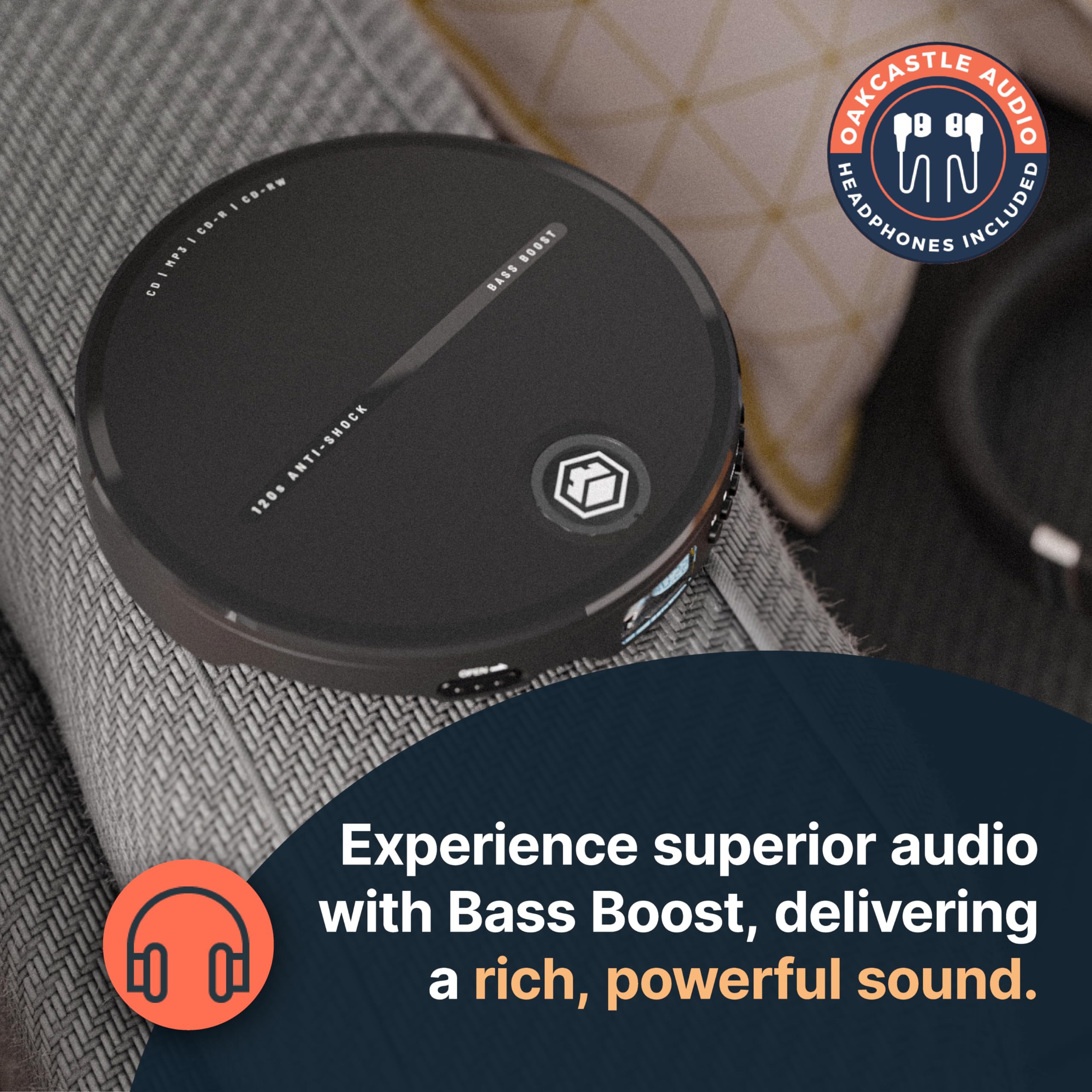 Cd Player Portable, Battery Playback Portable Cd Player 7Hr Playtime, Small Cd Players For Car (Aux Only) | Oakcastle Cd10 Porta