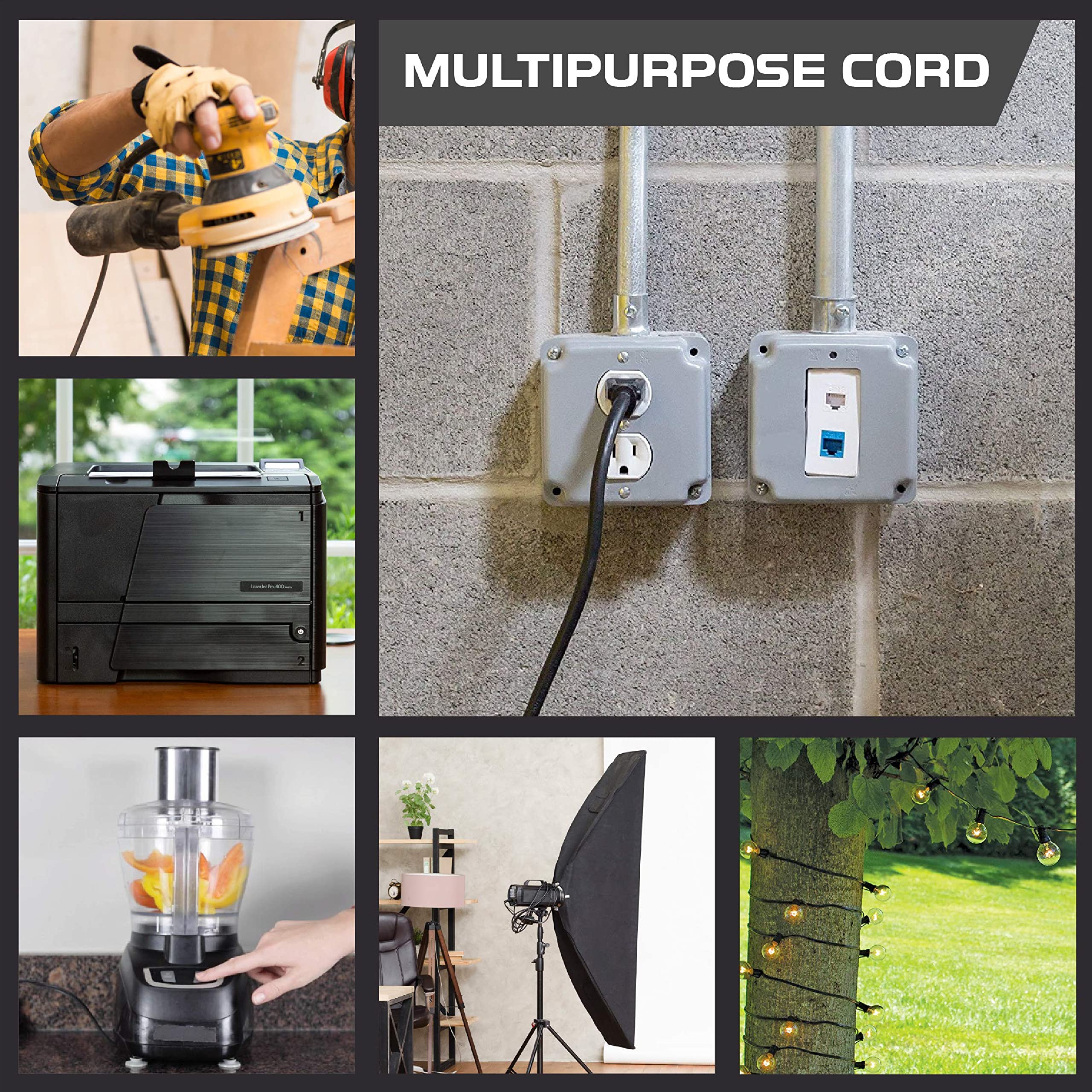 Iron Forge Cable 50 Ft Black Extension Cord With 3 Outlet, 16/3 Weatherproof 50Outdoor Extension Cord Multiple Outlets, 50 Foot