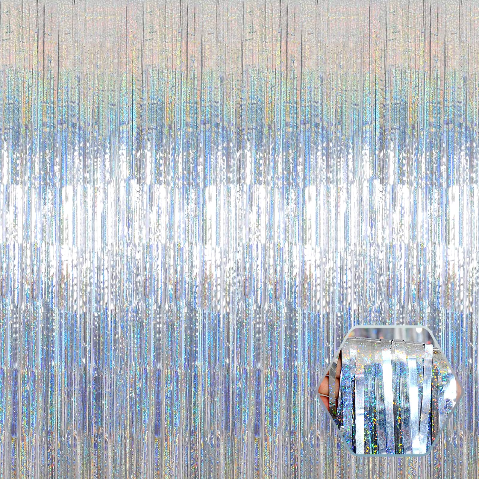 3 Pack Silver Foil Fringe Curtain Backdrop, 3.28Ft X 8.2Ft Metallic Tinsel Foil Fringe Streamer Curtains For Photo Booth, Valent