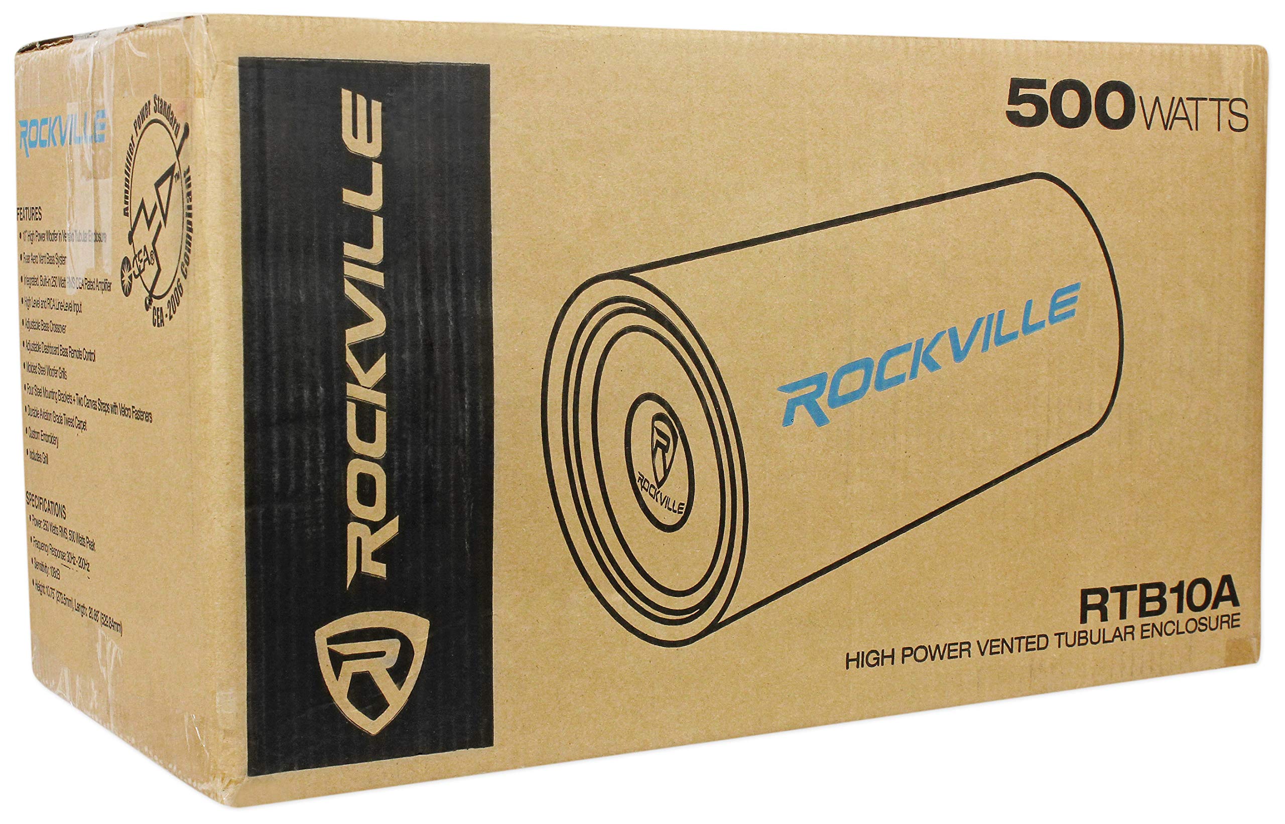 Rockville 10'' 500W Powered Subwoofer Tube + Bass Remote, 10 Inch (Rtb10A)