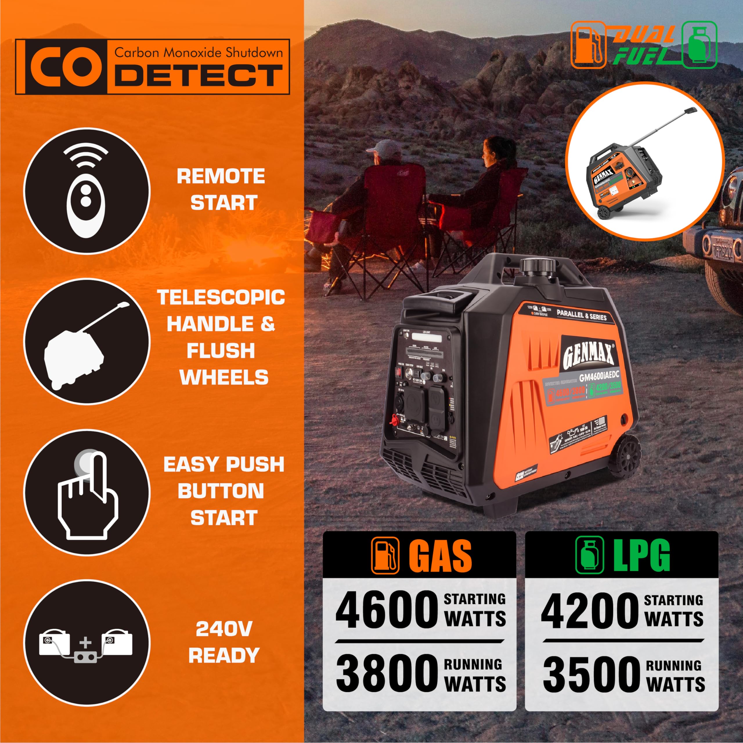 Genmax Dual Fuel Generator,4600W Ultra-Quiet 159Cc Engine,Electric & Remote Start With Co Alert And Led Light Digital Display,Id