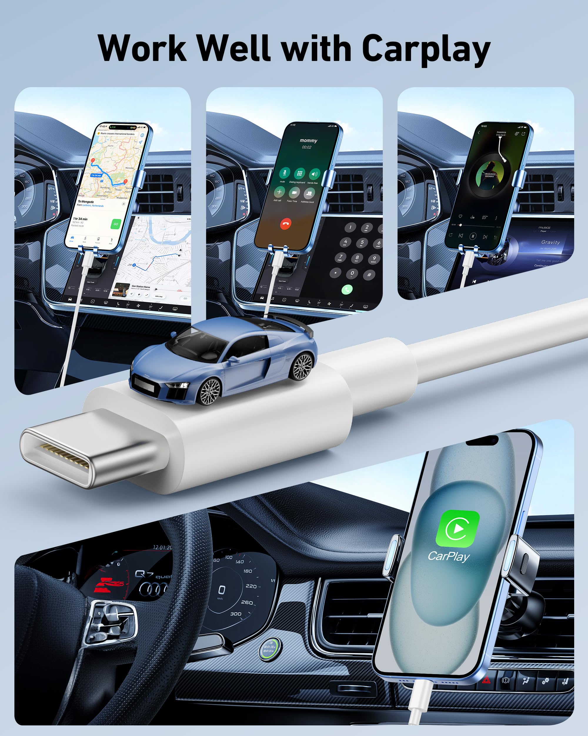 Car Carplay Cable For Iphone 15/15 Plus/15 Pro Max Cable, 2Pack Usb A To Usb C For Carplay Usb C Cord, Ipad Usb C Cable Ipad Pro