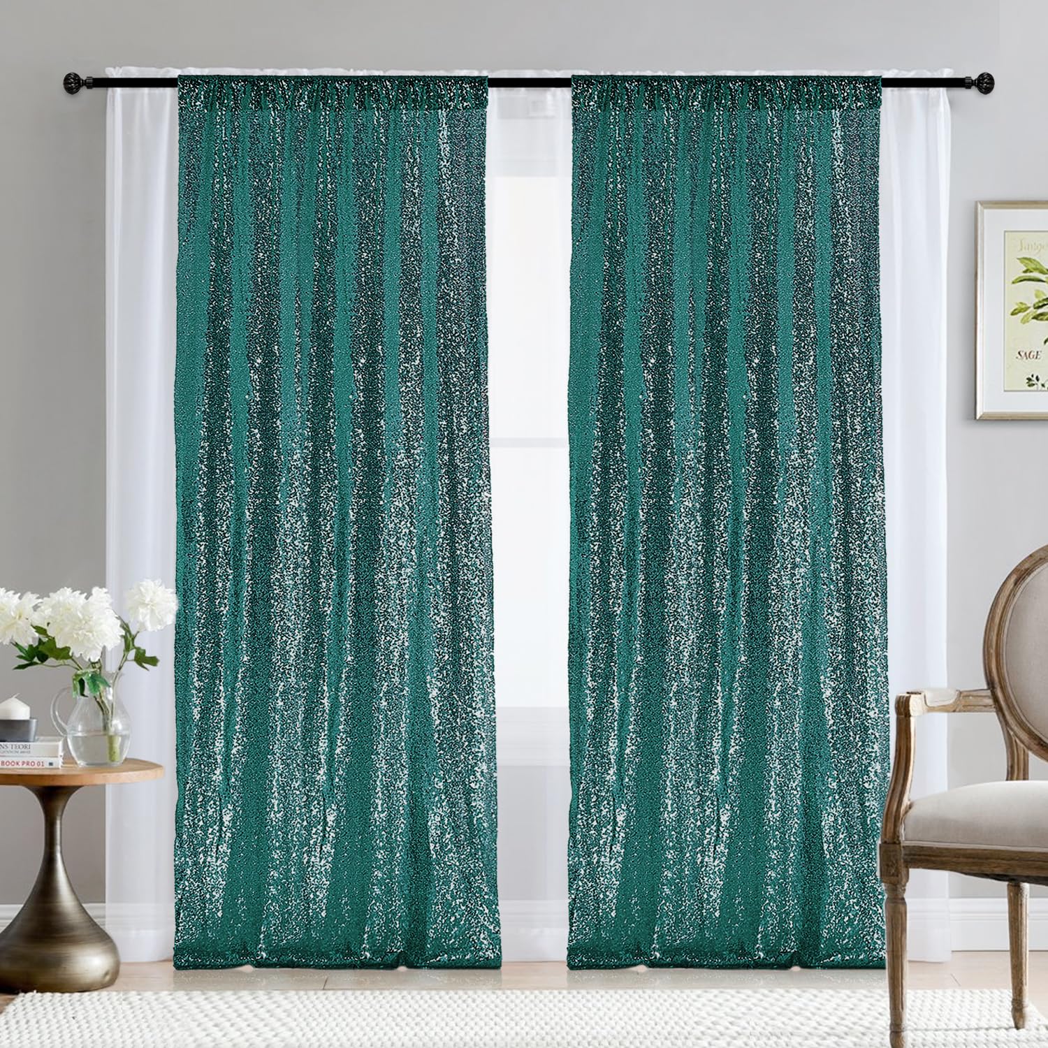 2  8Ft 2Pcs Hunter Green Sequin Backdrop Curtains Panels, Christmas Green Photography Backdrop Glitter Curtains Fabric Backgroun