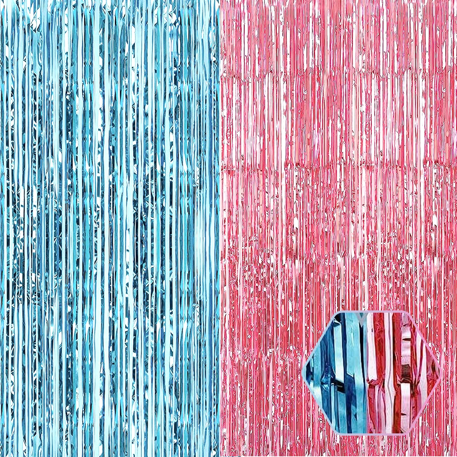 6 Pack Pink Blue Foil Fringe Curtain Backdrop, 3.28Ft x 6.6Ft Metallic Tinsel Foil Fringe Streamer Curtains for Photo Booth, Chr