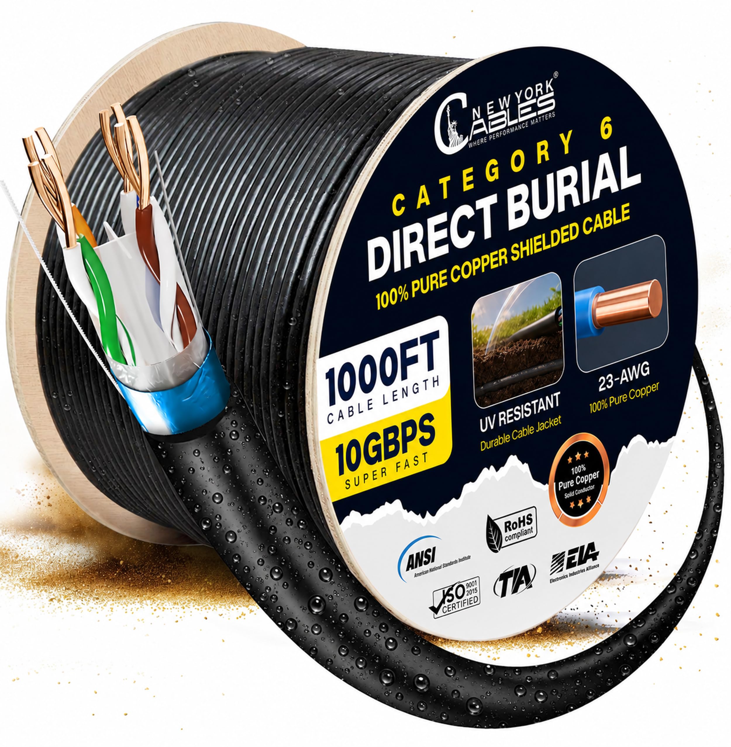Cat6 Shielded Direct Burial Ethernet Cable 1000ft, Gel Filled, F/UTP, Weatherproof Outdoor UV Resistant Jacket, 23AWG Solid Bare