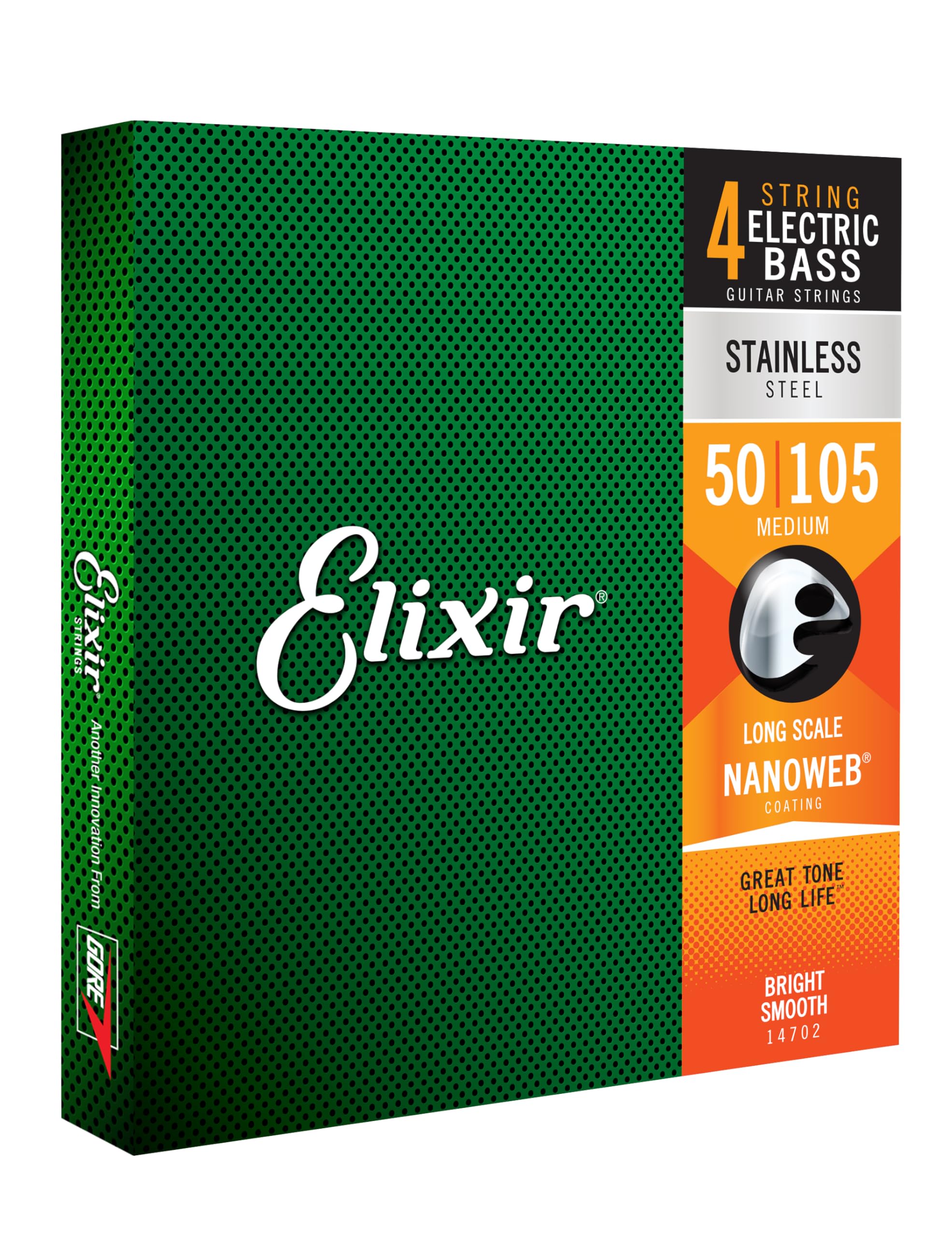 Elixir Strings Stainless Steel 4 String Bass Strings W Nanoweb Coating, Long Scale, Medium (.050 .105)