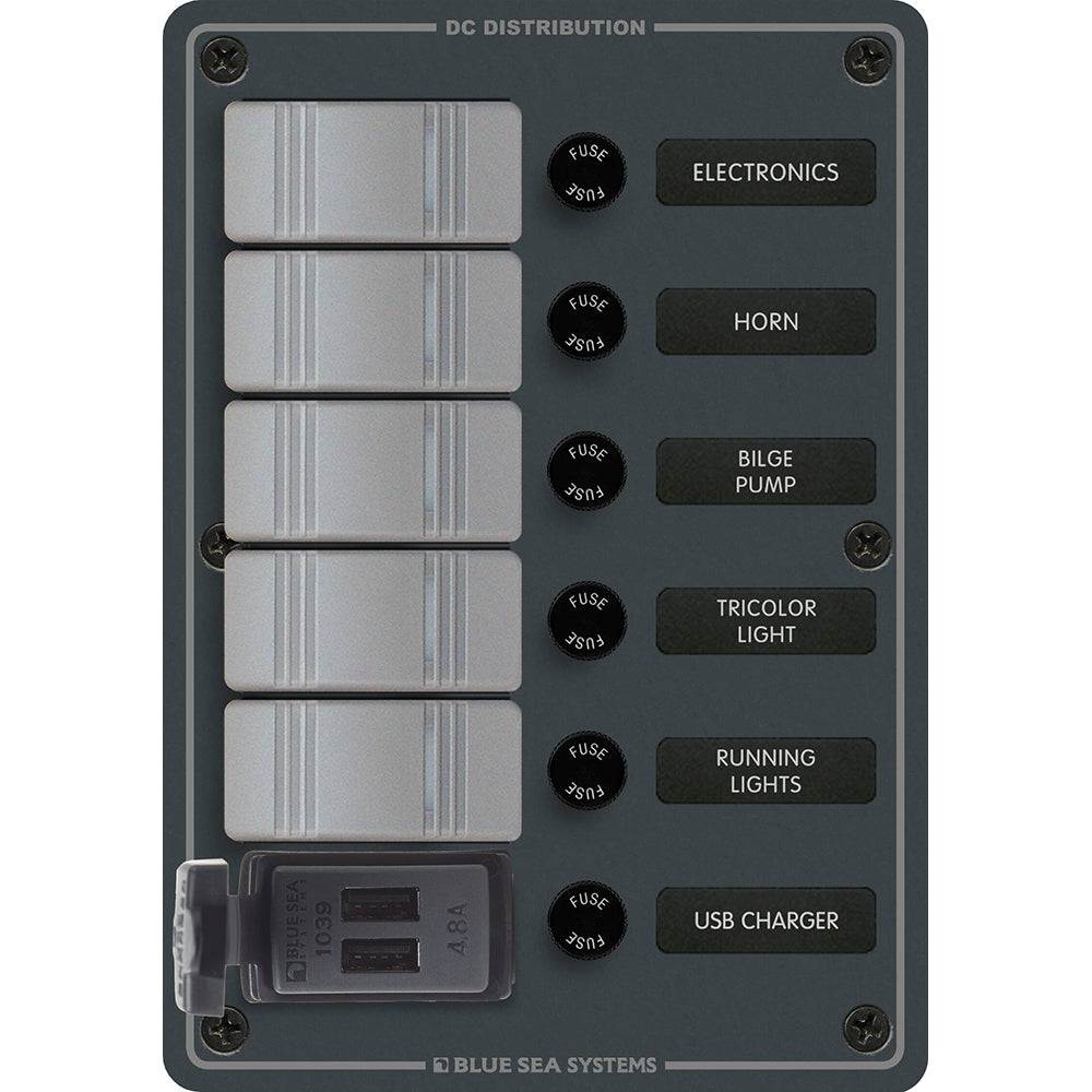 Blue Sea 8121 - 5 Position Contura Switch Panel W/Dual Usb Chargers - 12/24V Dc - Black,WBAUVB0BDSLVYNT