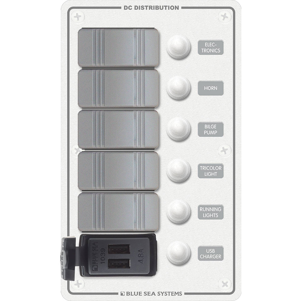 Blue Sea 8421 - 5 Position Contura Switch Panel W/Dual Usb Chargers - 12/24V Dc - White,WBAUVB0BDSL26R7