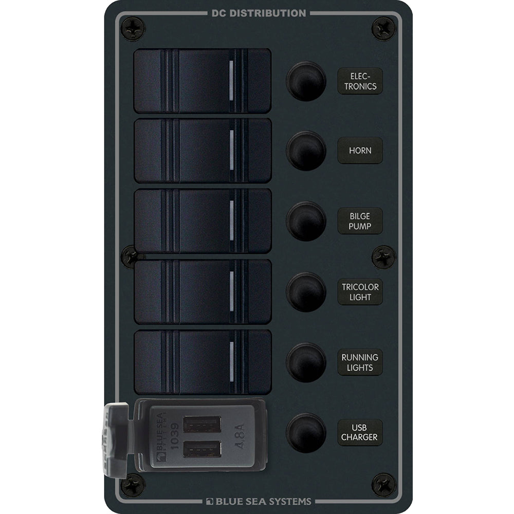 Blue Sea 8521 - 5 Position Contura Switch Panel W/Dual Usb Chargers - 12/24V Dc - Black,WBAUVB0BDSKR4MN