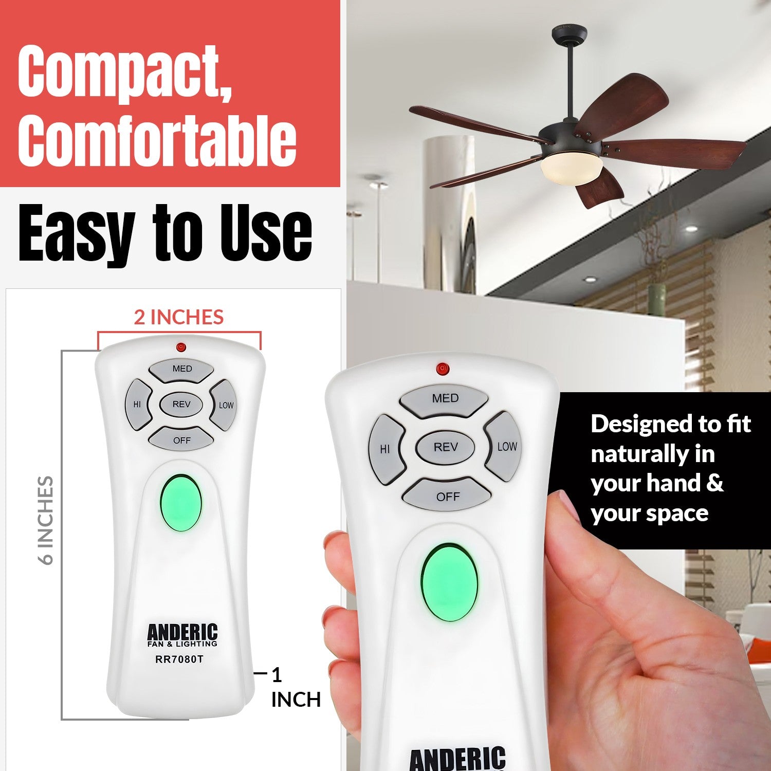 Anderic Substitute for Hampton Bay UC7080T CHQ7080T Ceiling Fan Remote Control [RR7080T]