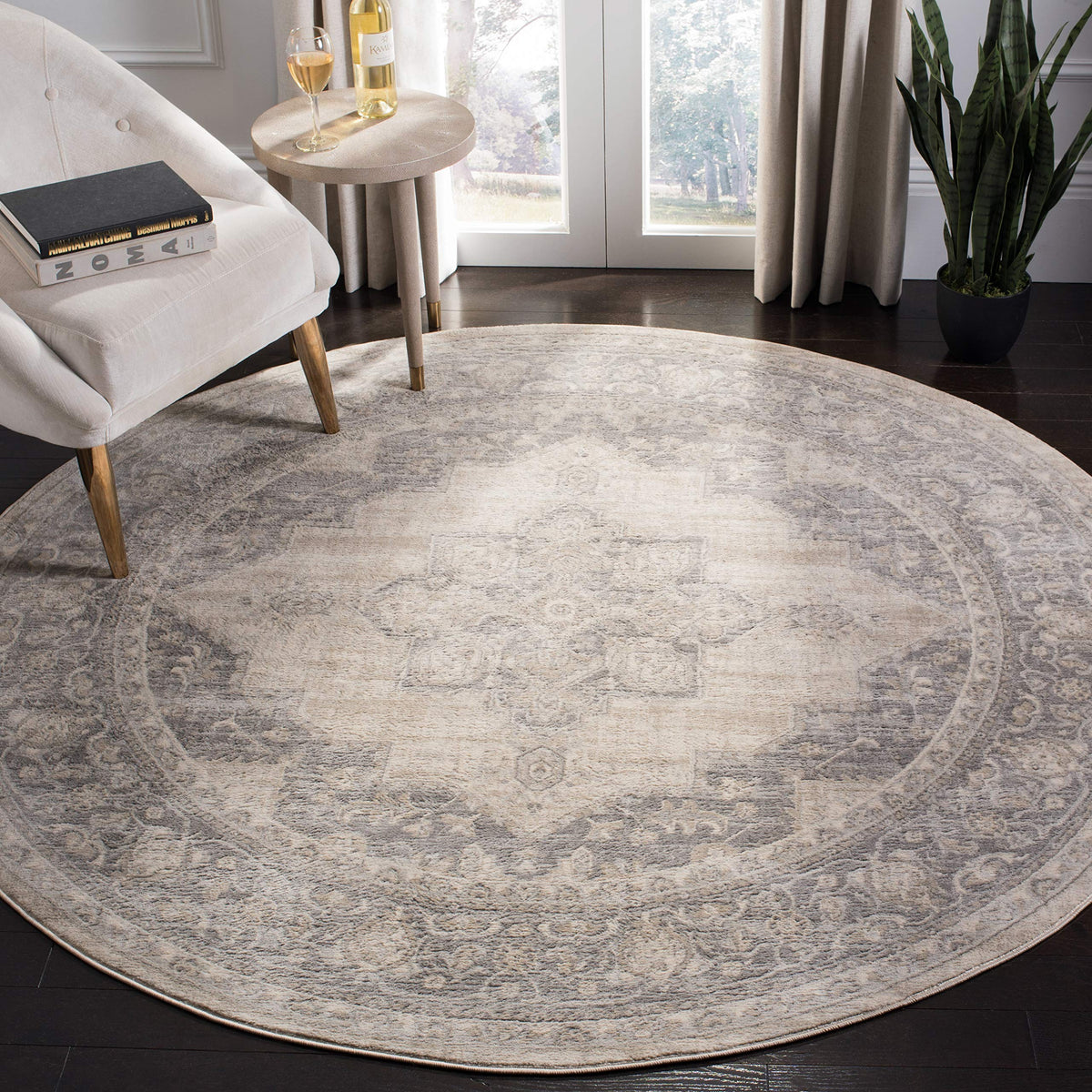 Safavieh Brentwood Collection 4 Round Creamgrey Bnt865B Medallion Distressed Non Shedding Living Room Bedroom Area Rug