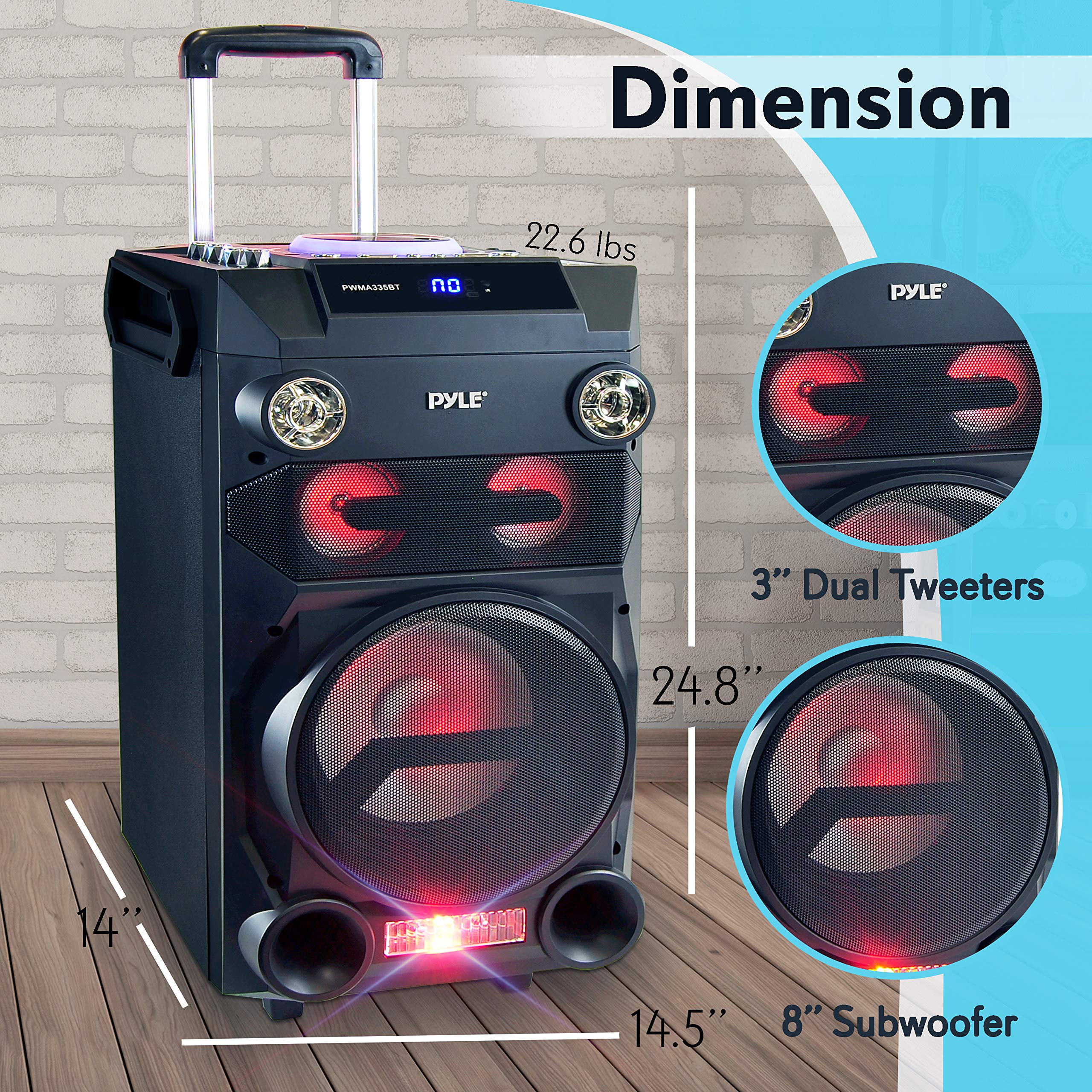 Pyle Portable Wireless Bluetooth Karaoke Pa Loud Speaker - 8 Subwoofer Sound System With Dj Lights, Rechargeable Battery, Fm R