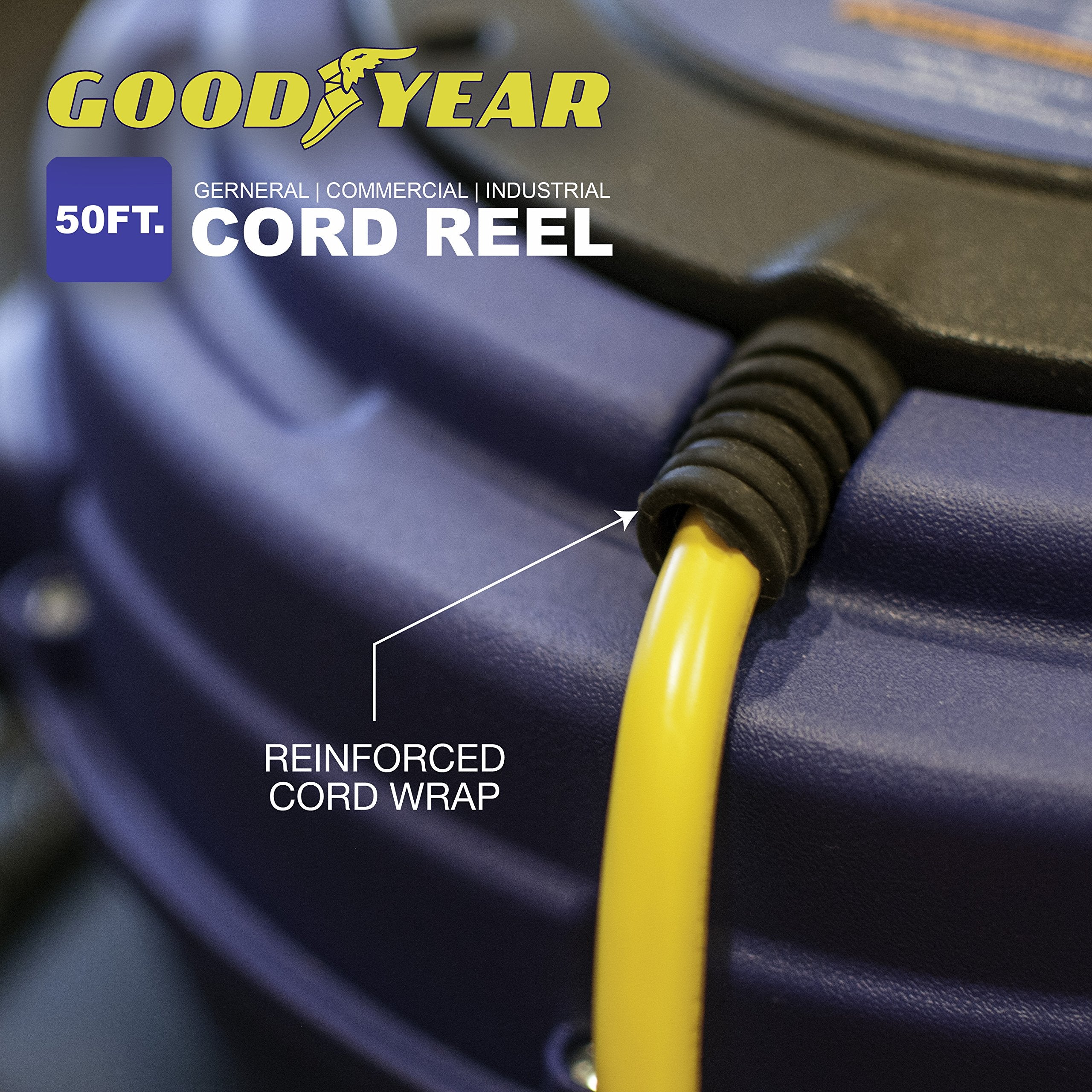 Goodyear Extension Cord Reel Retractable 16Awg X 50' Foot 3C/Sjtow Commercial Cable Led Triple Tap Connector Power 10A 125Vac 93