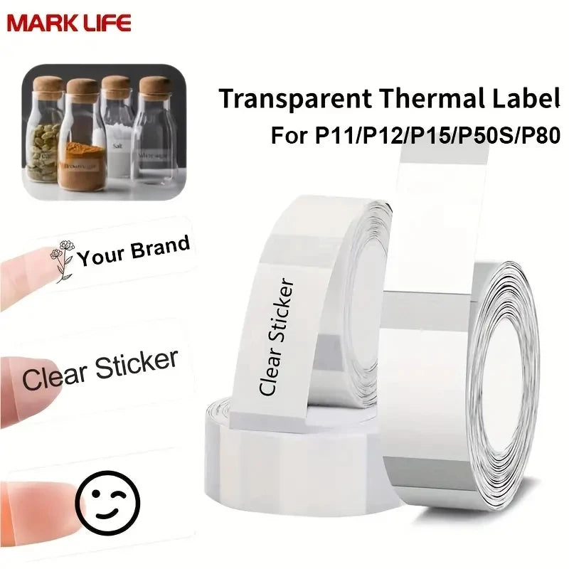 Marklife Transparent Thermal Label Tape for Bluetooth Label Printer 12*40mm Selfadhesive Wateroof for Home/Storage/Office/School
