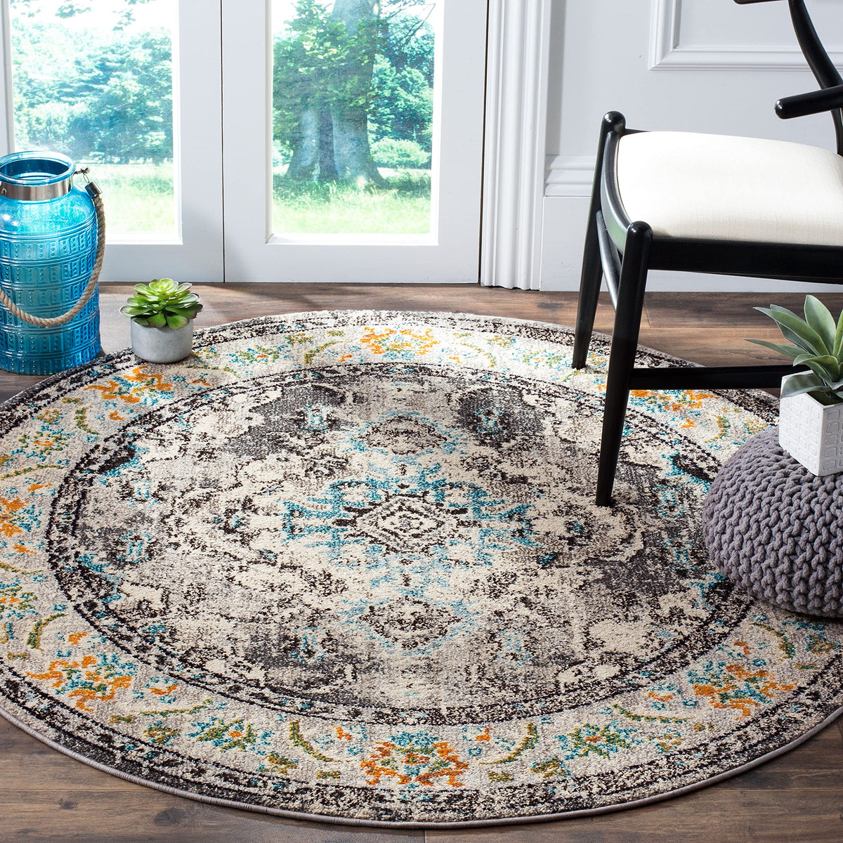 Safavieh Monaco Collection 11 Round Greylight Blue Mnc243G Boho Chic Medallion Distressed Non Shedding Dining Room Entryway Foye
