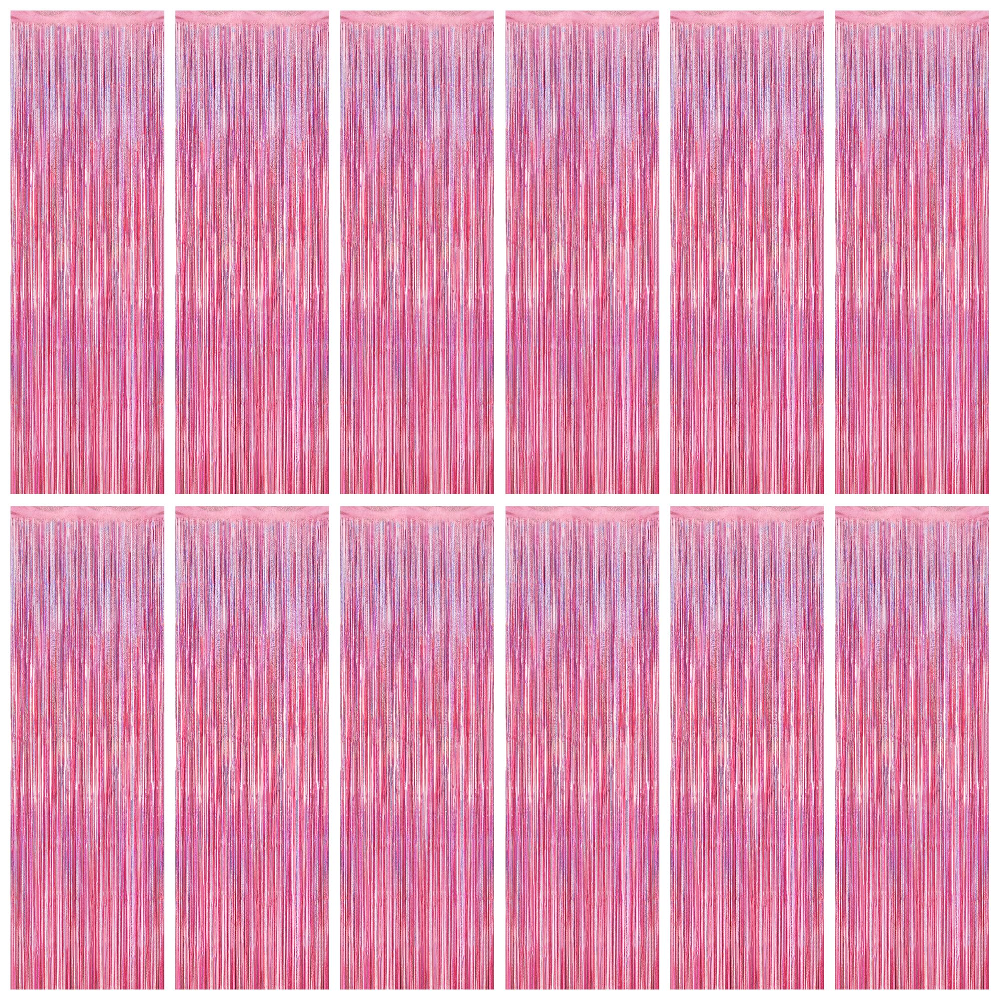 12 Pack Pink Backdrop, 3.28 FT x 7.05 FT Foil Streamers, Metallic Glitter Backdrop Pink Tinsel Fringe Curtains Party Streamers, 