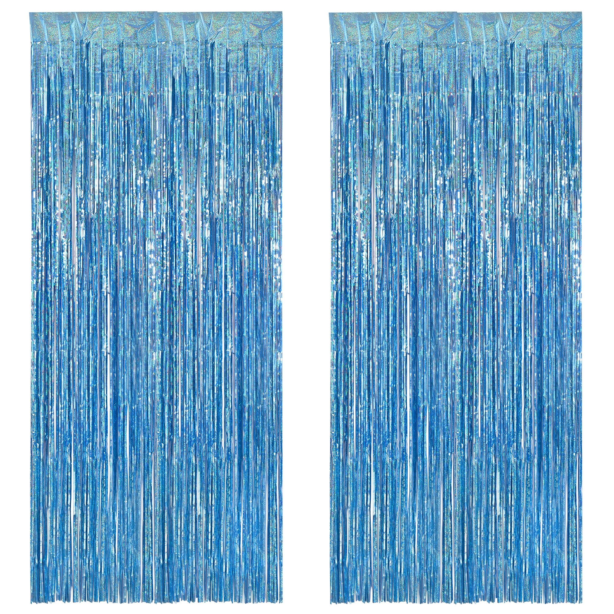 Braveshine Light Blue Tinsel Foil Fringe Curtains   2Pcs 3.2X8.2 Ft Metallic Holiday Photo Booth Backdrop For Birthdays Mermaid