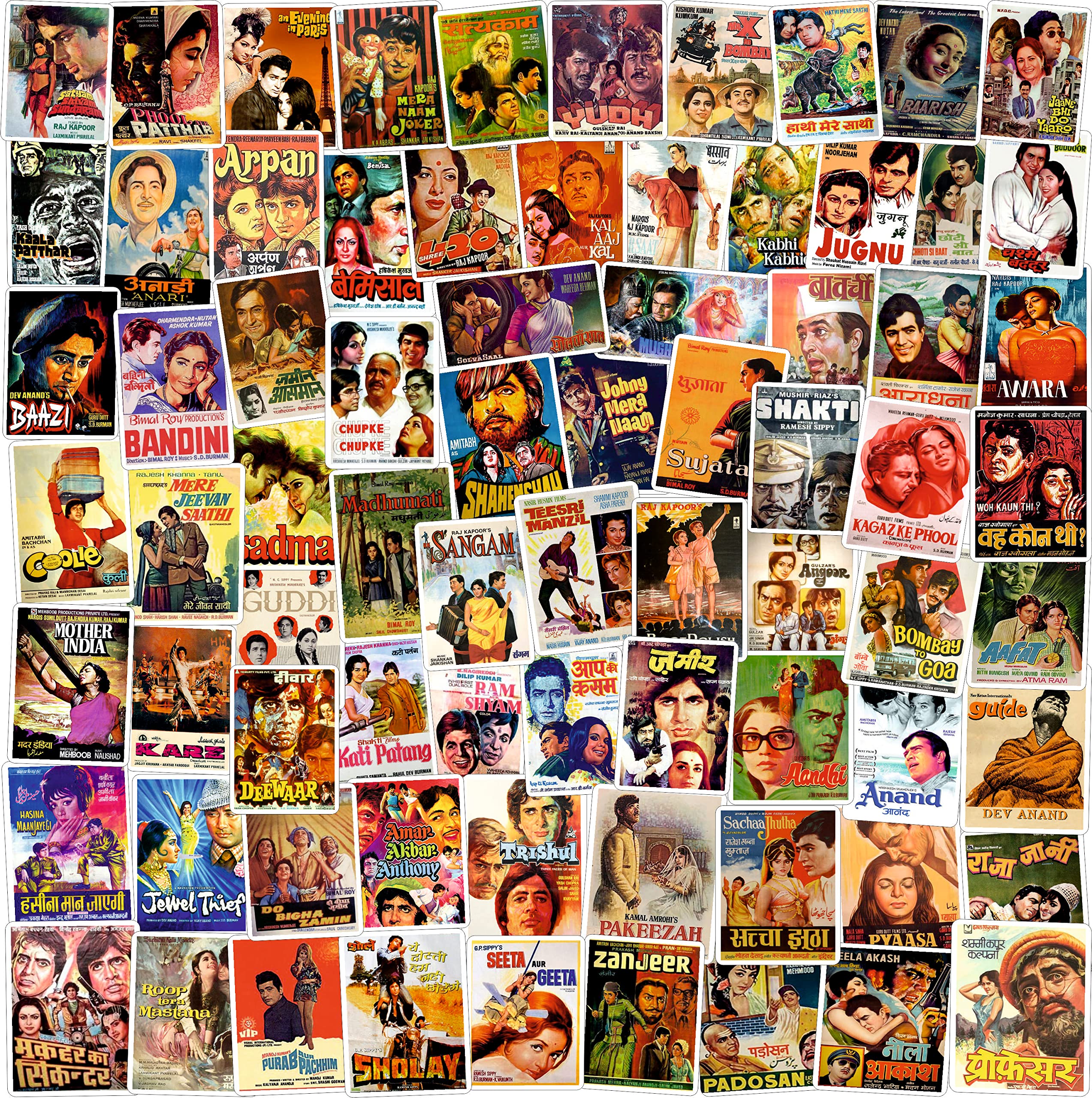 Vintage Hindi Movie Laptop Stickers for Laptop journals Guitar waterbottles Mobile Phones (Pack of 75 Vinyl Stickers)