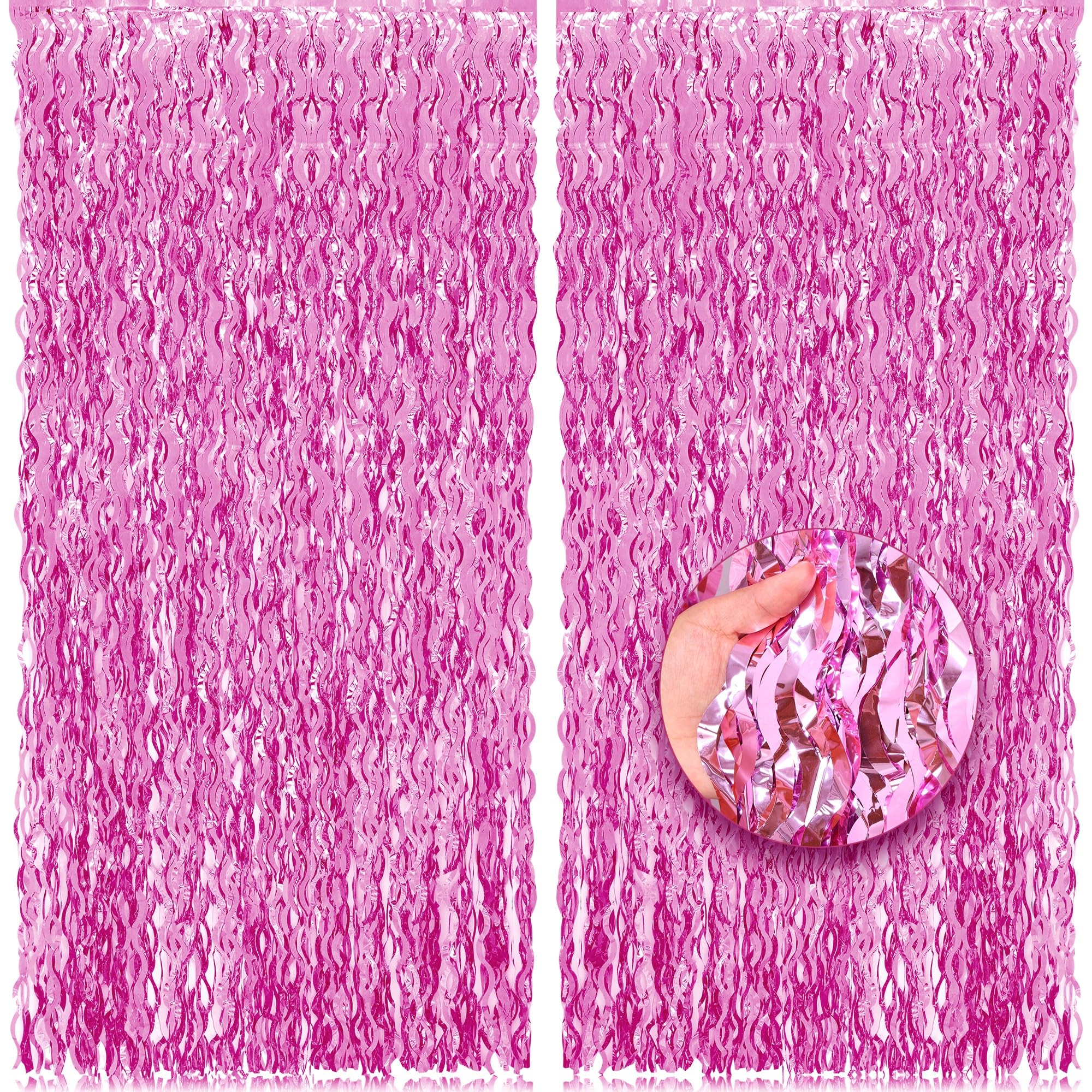 Pigetale 2 Pack 3.2X6.5 Feet Wavy Pink Foil Fringe Backdrop Curtains, Tinsel Streamers Princess Party Decorations Photo Booth Pr