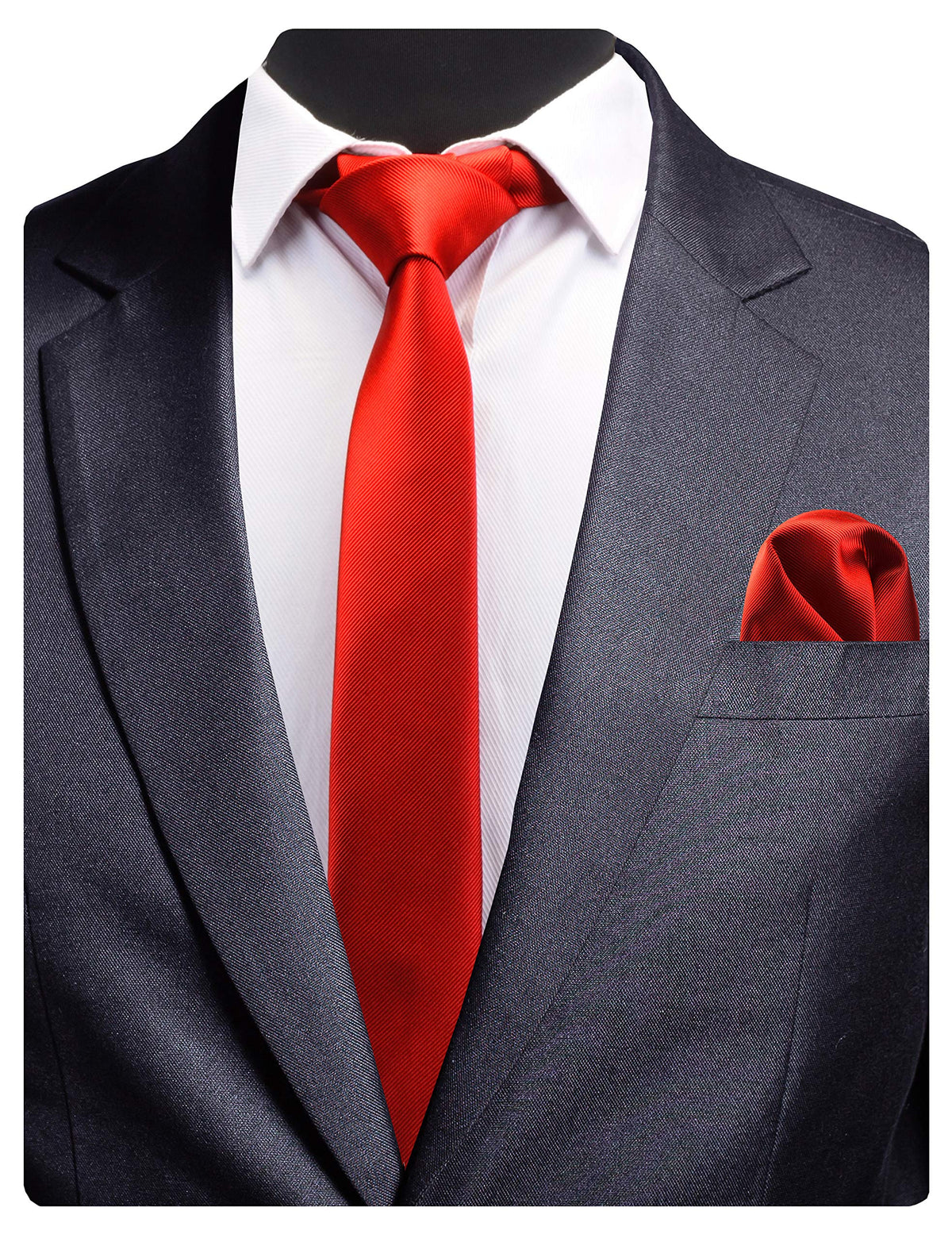 Gusleson 24 Slim Necktie And Handkerchief Set For Men Solid Red Skinny Tie (0754 13)