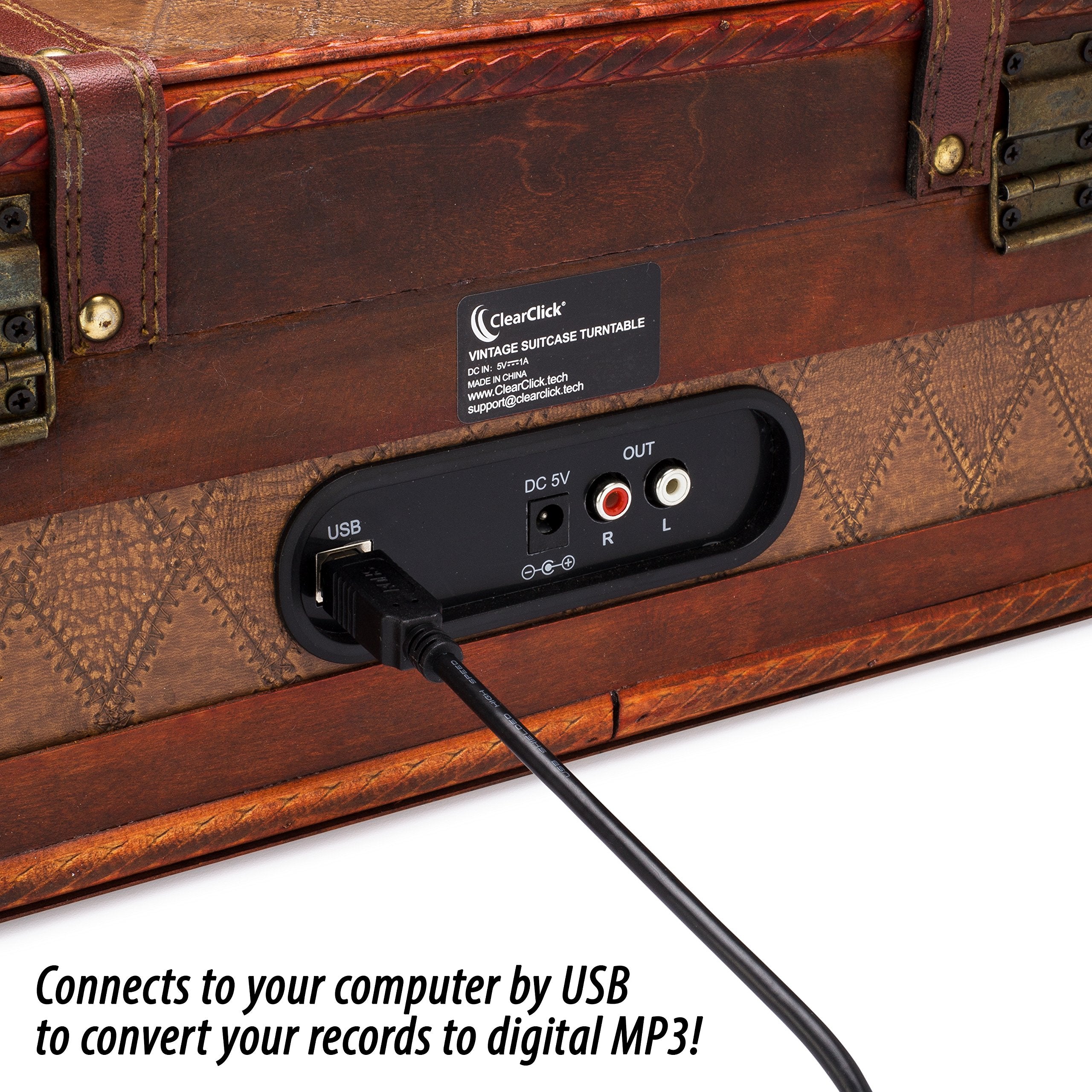 Clearclick Vintage Suitcase Turntable With Bluetooth & Usb   Classic Wooden Retro Style