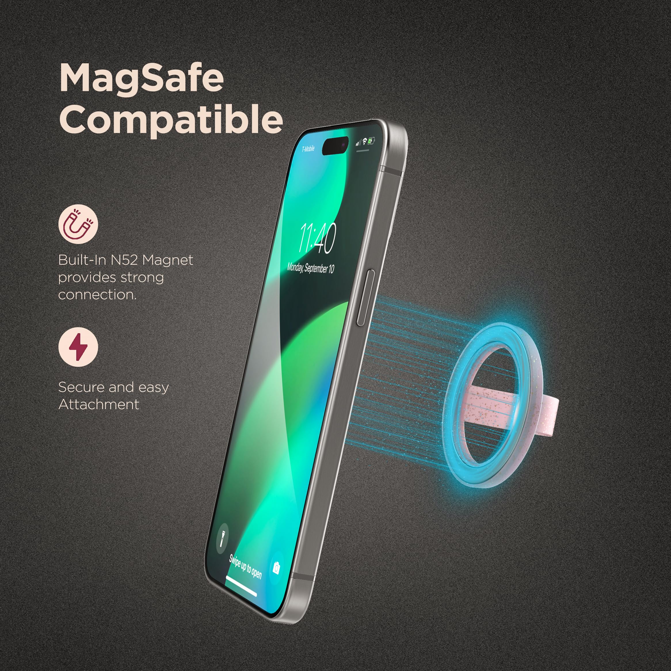 Encased Magnetic Phone Grip Holder (Compatible With Magsafe) Thin Silicone Finger Loop Ring For Iphone (Pink Glitter)