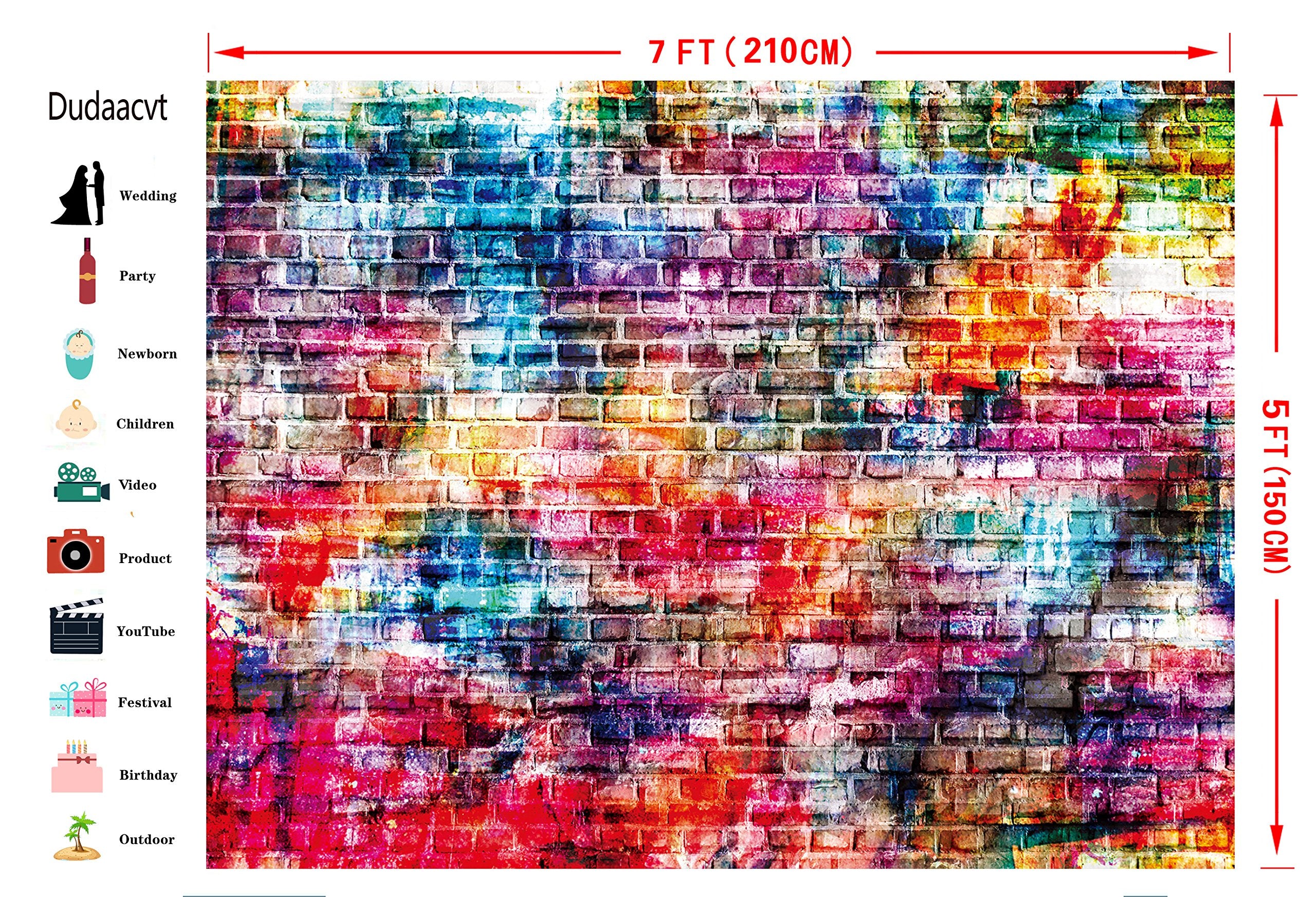 Dudaacvt 7X5Ft Colorful Brick Wall Photography Backdrops For 80'S 90'S Hip Hop Disco Birthday Baby Birthday Party Wedding Gradua