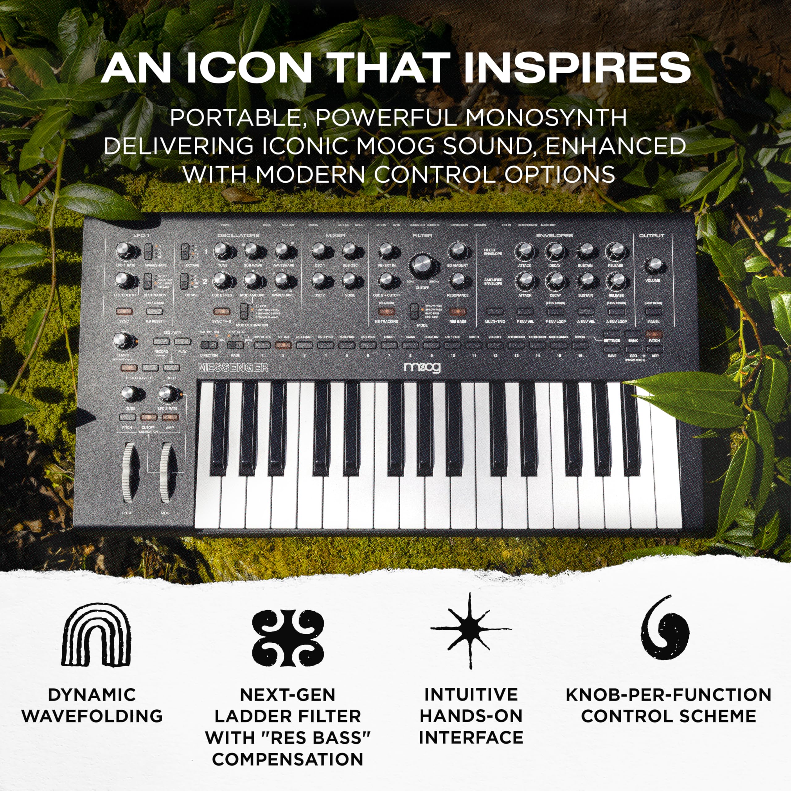 Moog Messenger - Next-Gen Monophonic Analog Keyboard Synthesizer With 32 Keys, 64-Step Sequencer, 256 Presets And Res Bass Compe