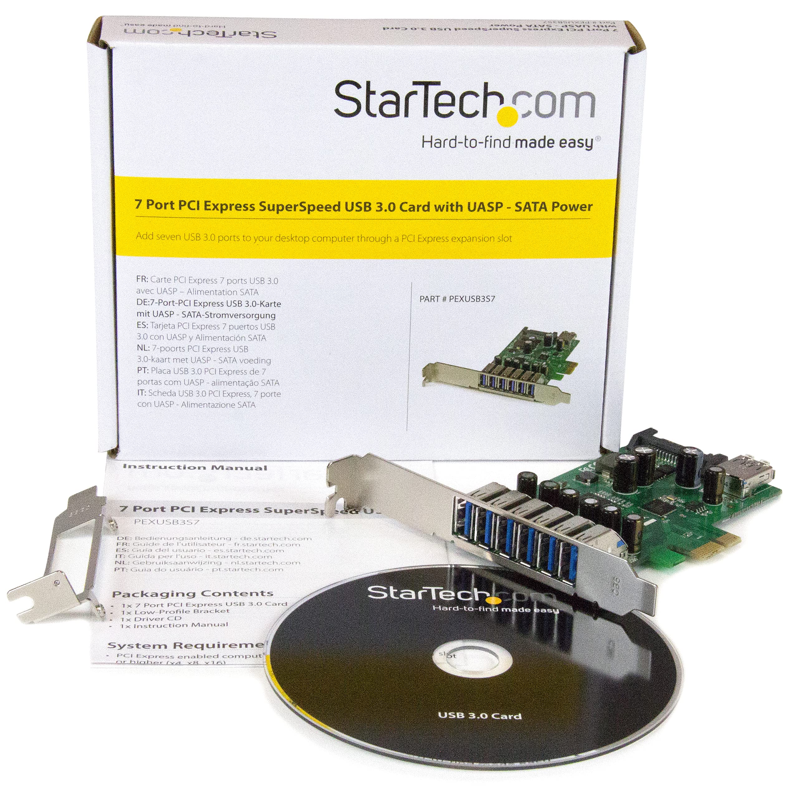 StarTech.com 7 Port PCI Express USB 3.0 Card   5Gbps   Standard & Low Profile   SATA Power   UASP Support   1 Internal & 6 External USB 3.0 Ports (PEXUSB3S7)