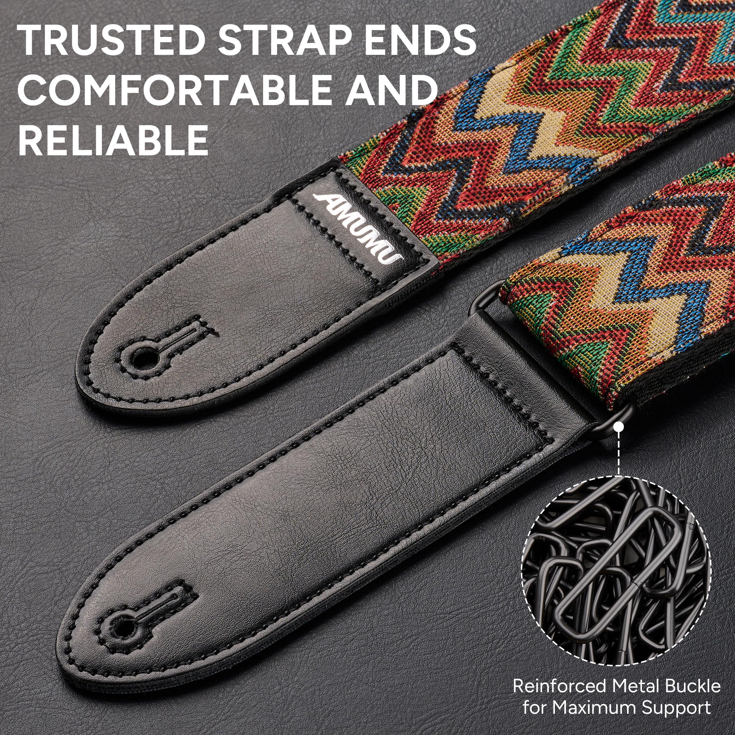 Amumu Chevron Multicolor Guitar Strap For Acoustic, Electric And Bass Guitar - Includes Strap Blocks And Headstock Tie, Adjustab