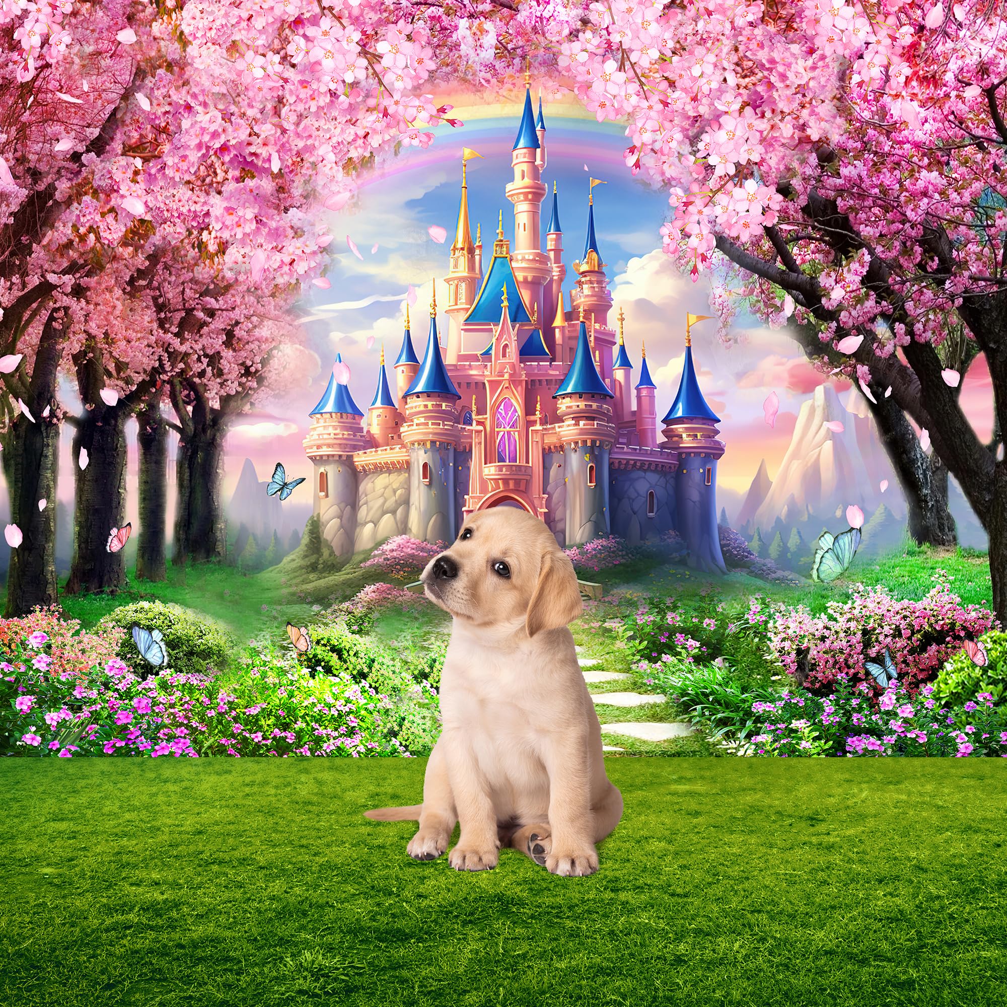 Riyidecor Princess Castle Backdrop Polyester Fabric Pink Sakura Rainbow Flowers Floral Fantasy Fairy Tale Wonderland 8Wx6H Feet