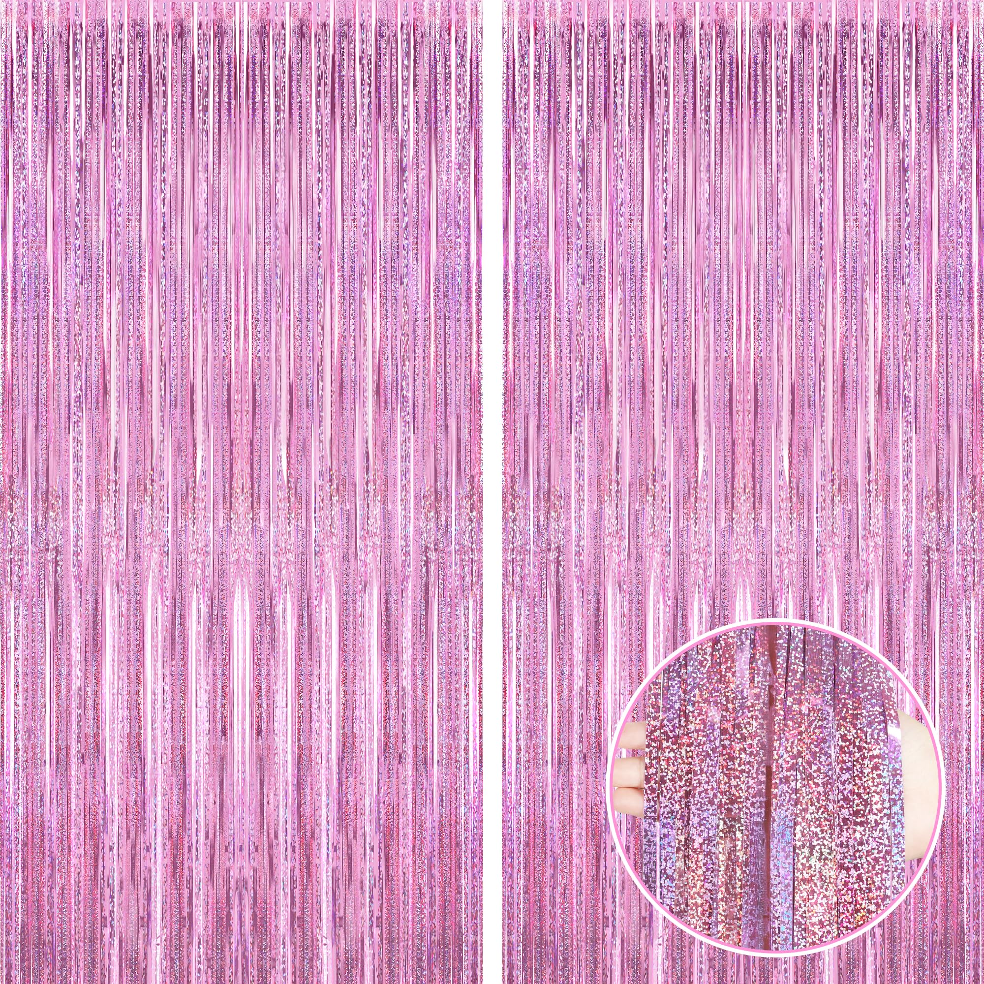 2 Pack Glitter Pink Backdrop, 3.28 Ft X 7.05 Ft Valentines Party Decorations, Laser Pink Fringe Curtains Foil Streamer Tinsel Ba