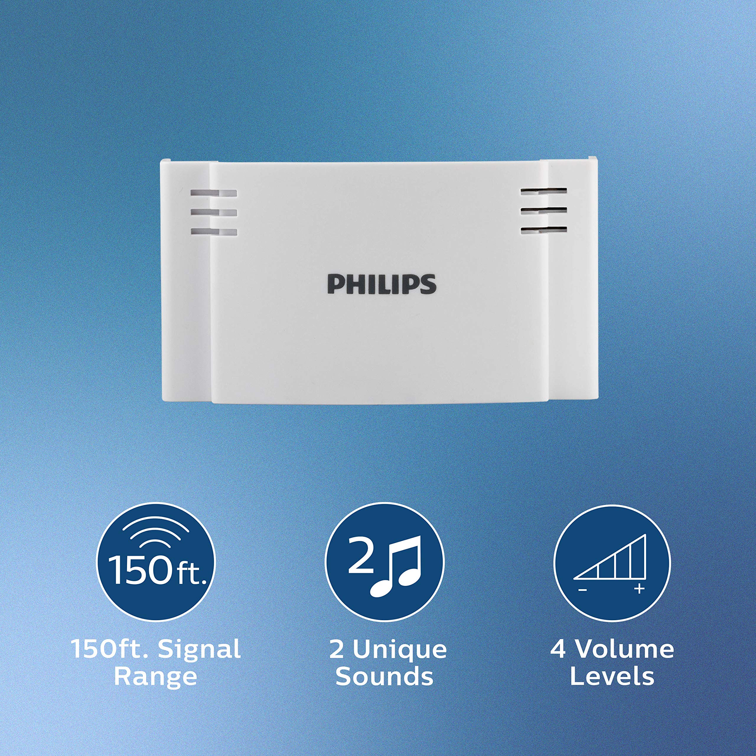 Philips Wireless Doorbell Kit, Battery Operated Reciever, 1 Push Button, 2 Melodies, 4 Volume Levels, 150 Ft Range, White, Des11