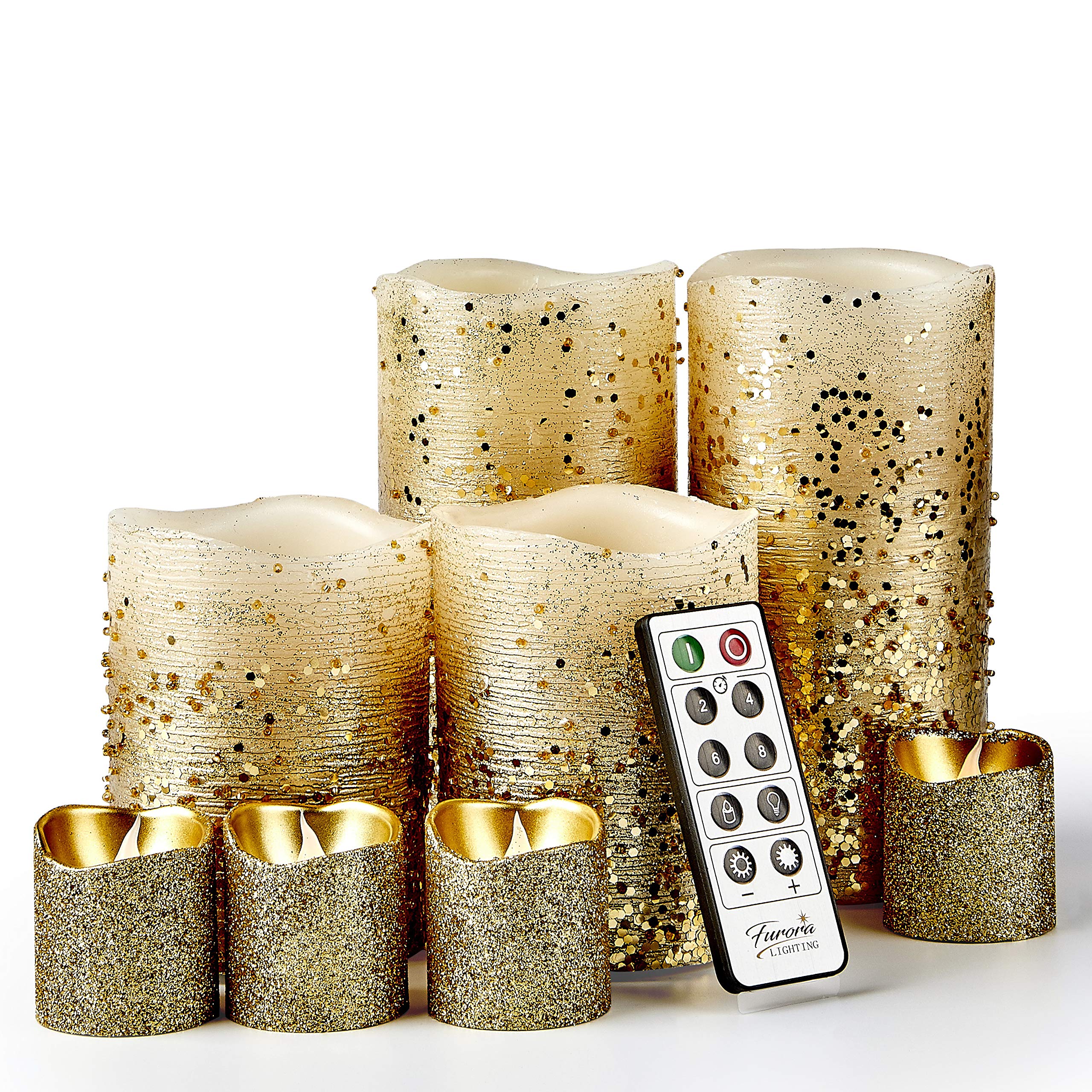 Furora Lighting Gold Glitter Real Wax Candles With Remote And Timer, 4 Pillars And 4 Votives Pack Of 8, Led Flameless Flickering