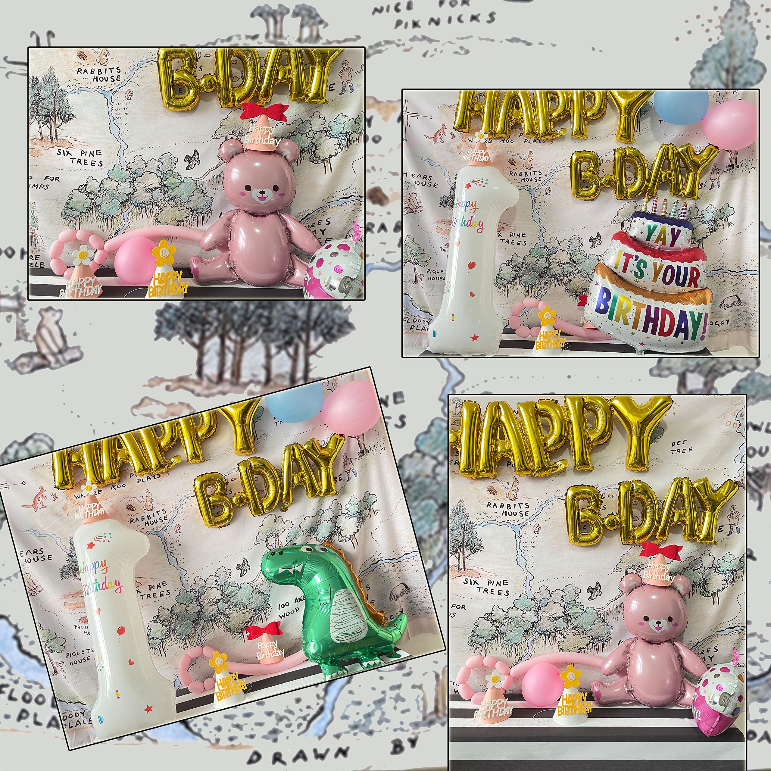 7X5Ft Fabric Happy Birthday Bear Home Map Photography Backdrops For Kids 1St Birthday Background 100 Acre Woods Bear Backdrop